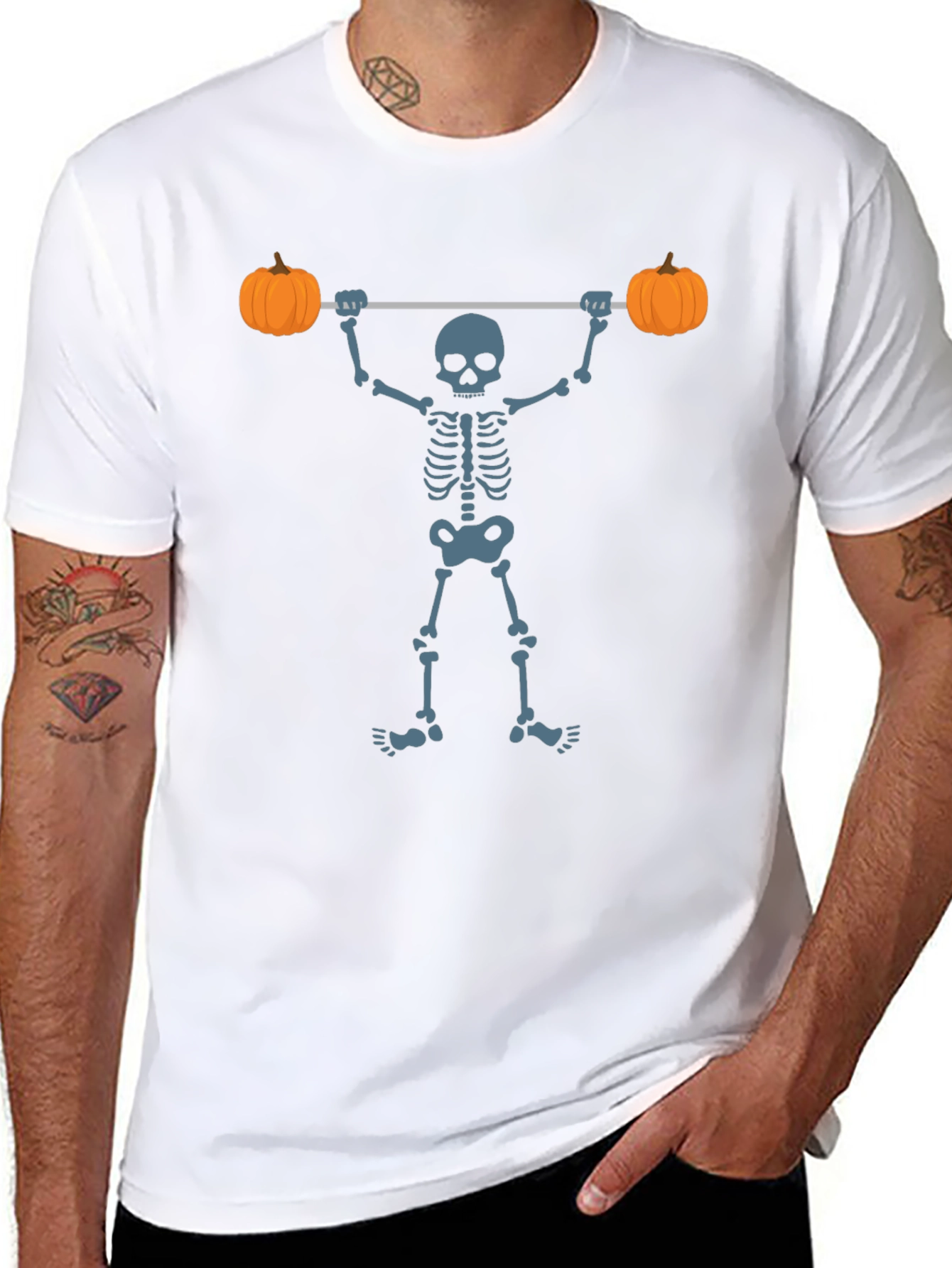 Halloween Skeleton Lifting Pumpkins T-Shirt