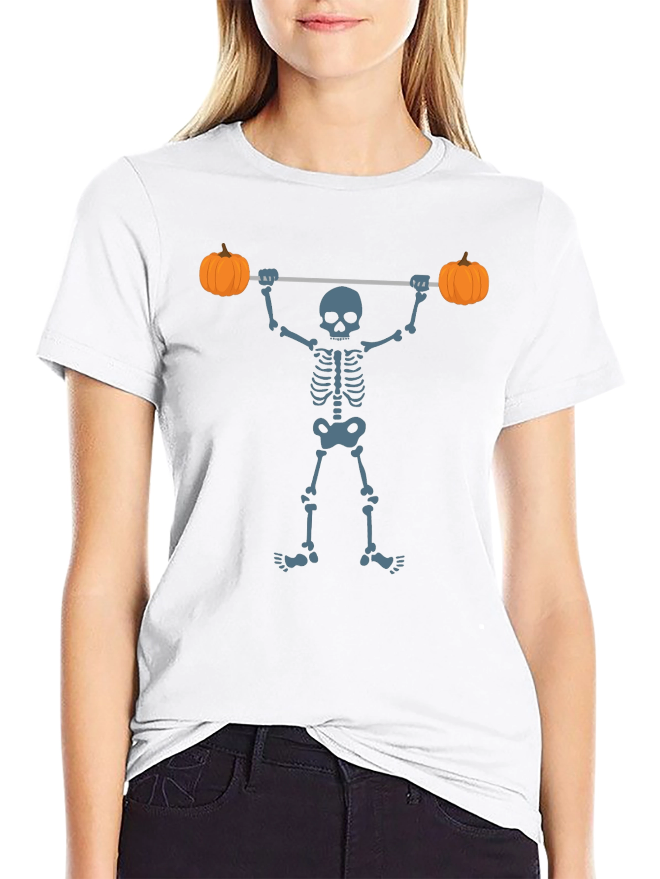 Halloween Skeleton Lifting Pumpkins T-Shirt