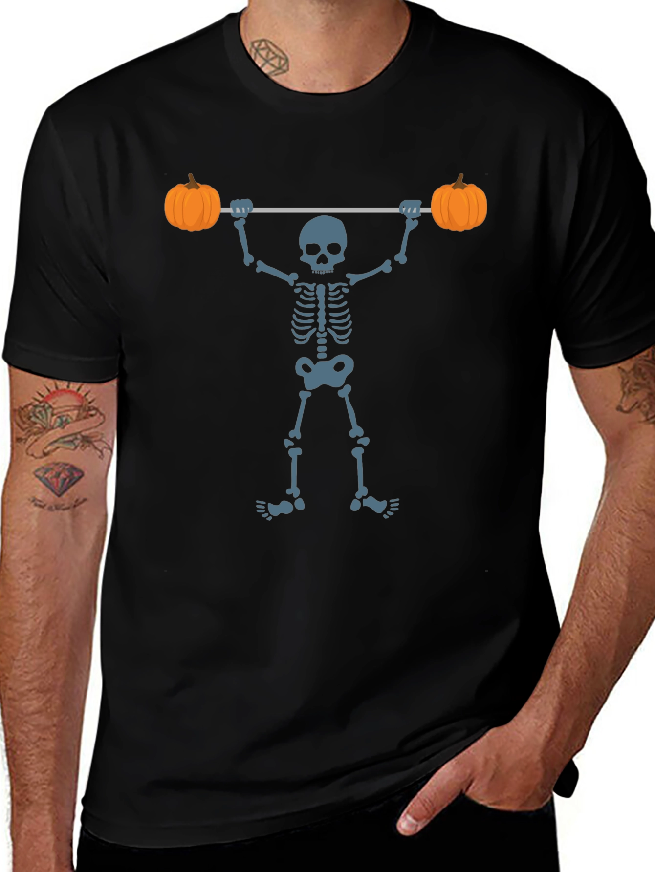 Halloween Skeleton Lifting Pumpkins T-Shirt