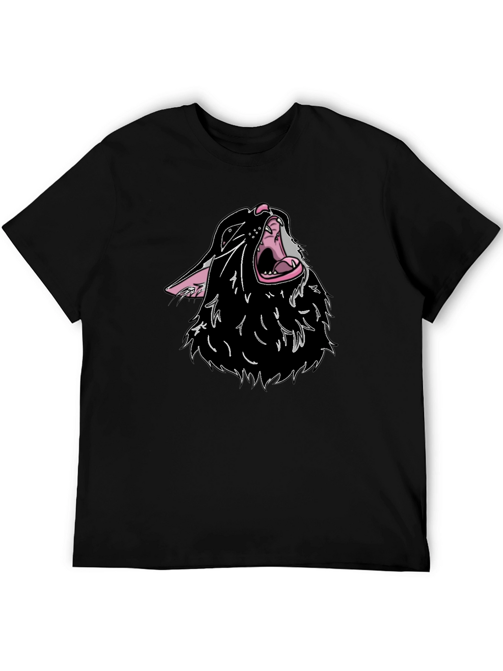 Black T-Shirt with Cartoon Wolf Design