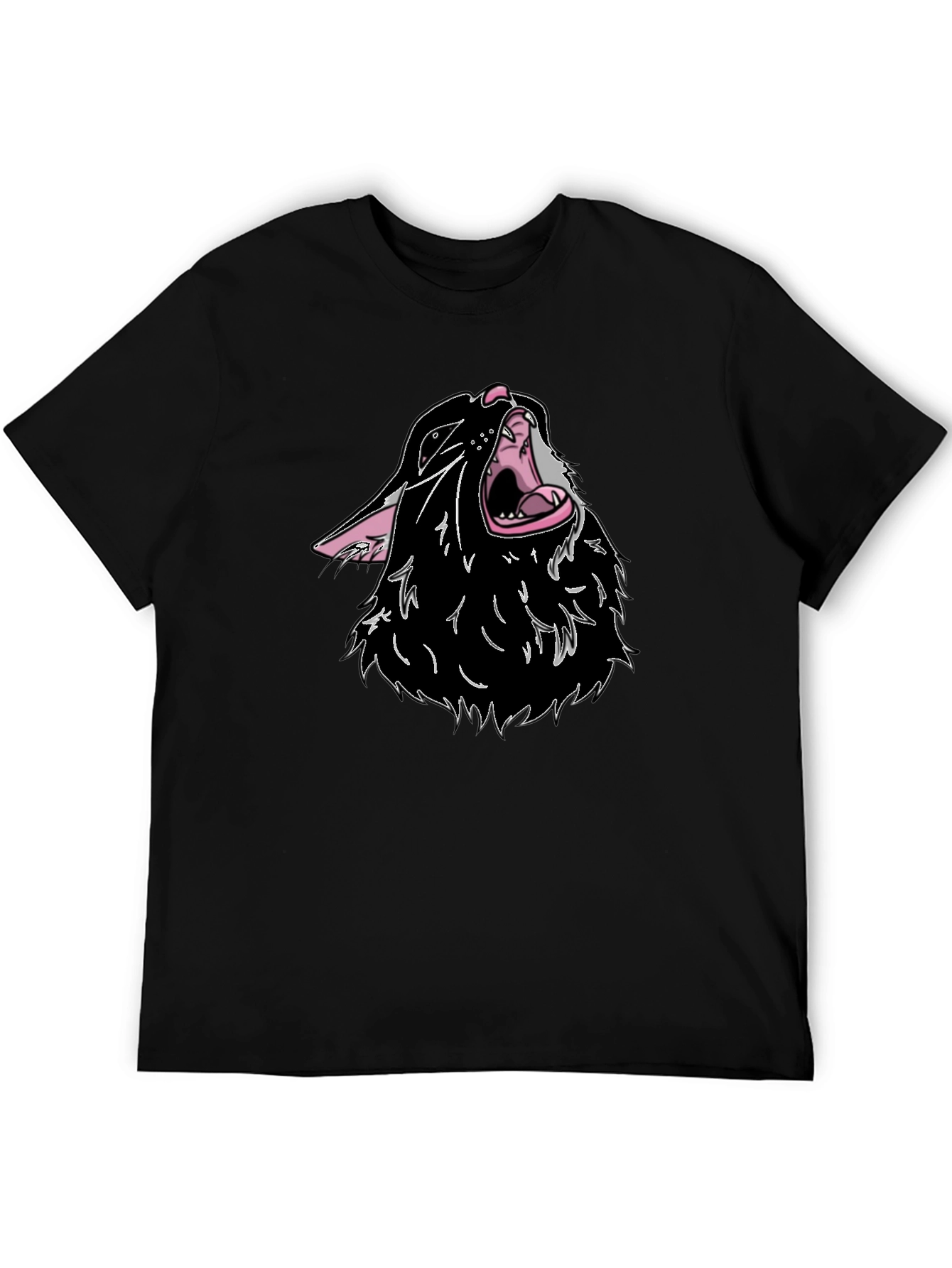 Black T-Shirt with Cartoon Wolf Design