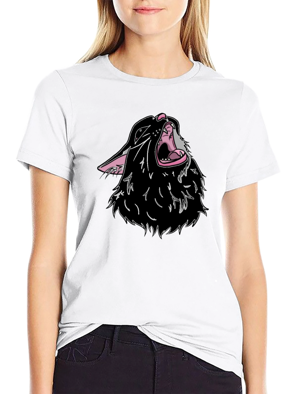 Black T-Shirt with Cartoon Wolf Design
