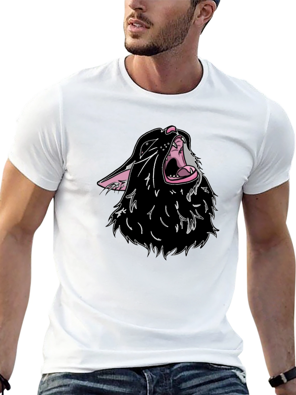 Black T-Shirt with Cartoon Wolf Design
