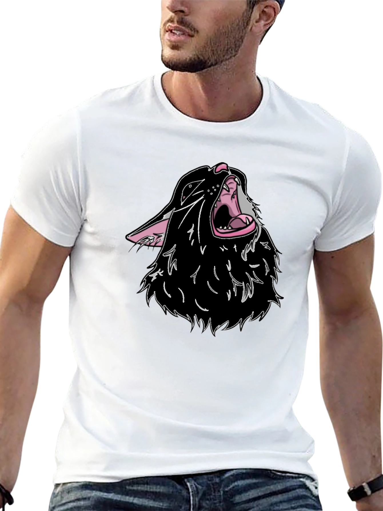 Black T-Shirt with Cartoon Wolf Design