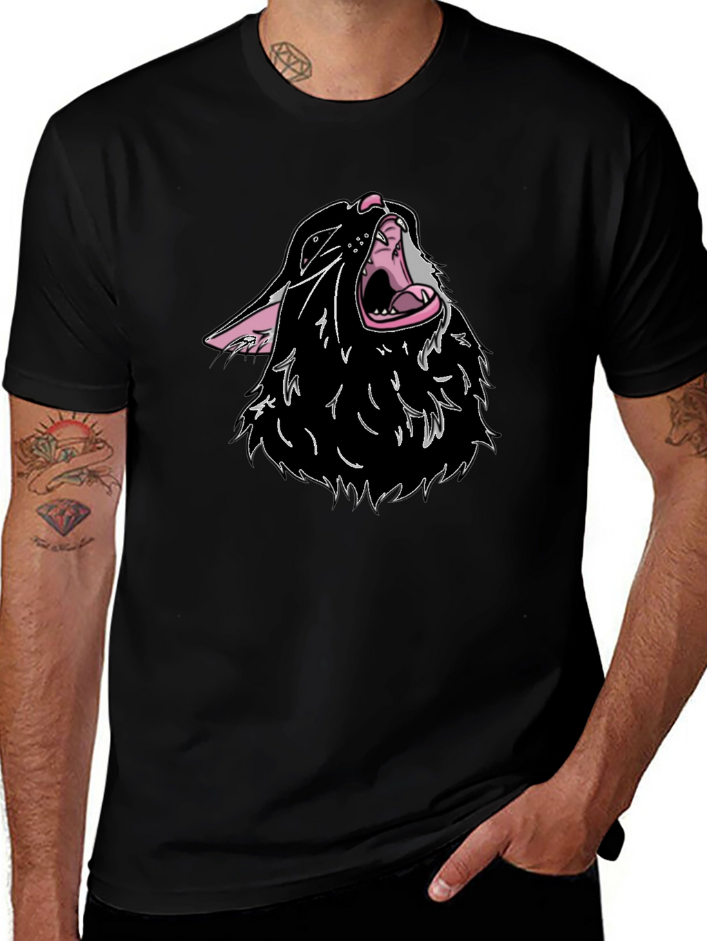Black T-Shirt with Cartoon Wolf Design