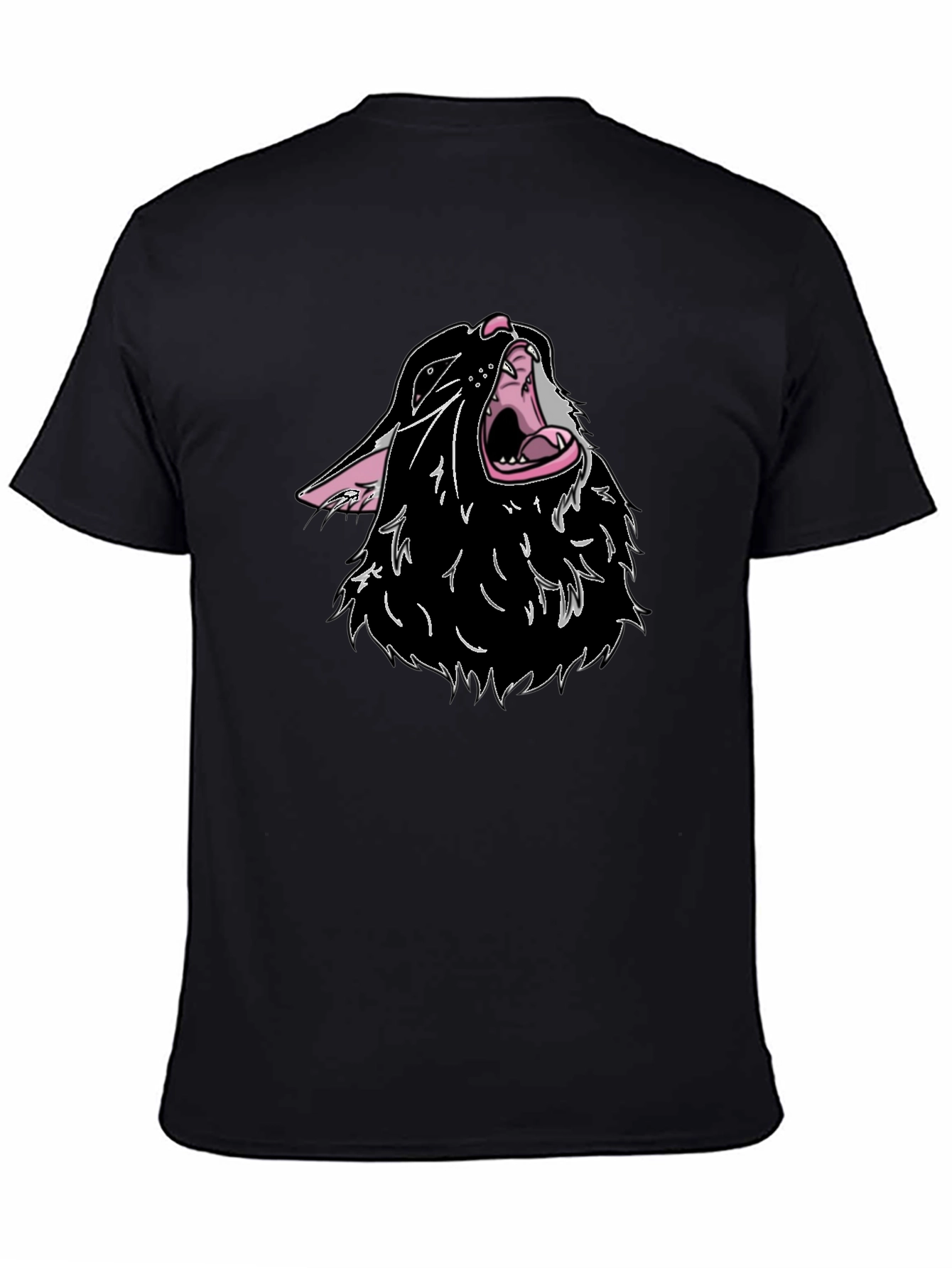 Black T-Shirt with Cartoon Wolf Design