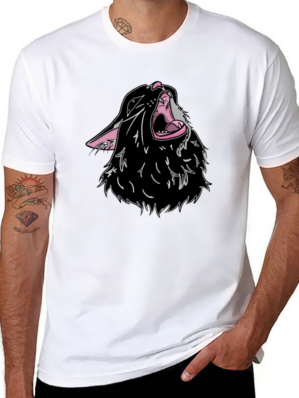 Black T-Shirt with Cartoon Wolf Design