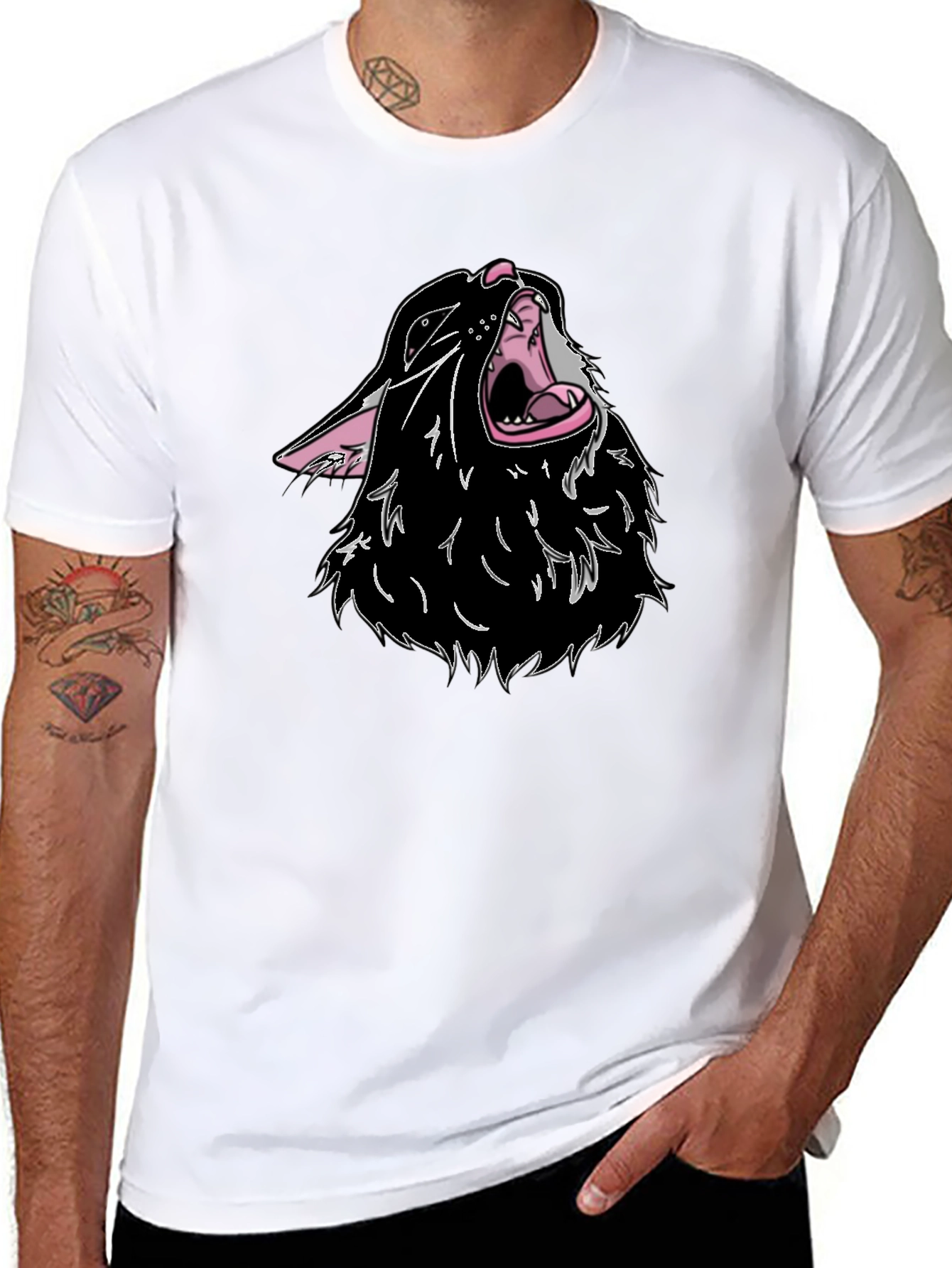 Black T-Shirt with Cartoon Wolf Design