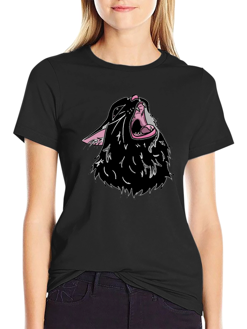 Black T-Shirt with Cartoon Wolf Design