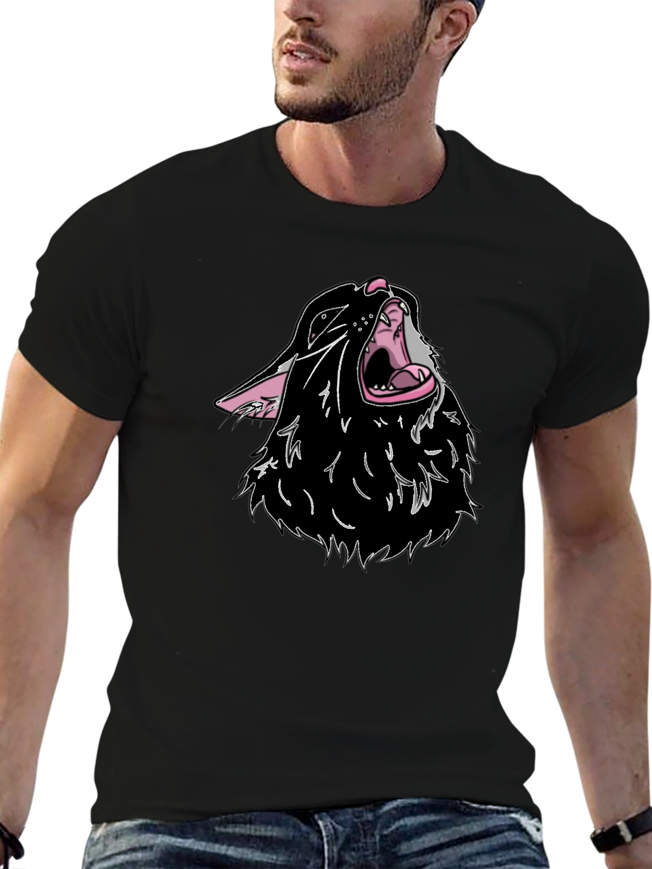 Black T-Shirt with Cartoon Wolf Design