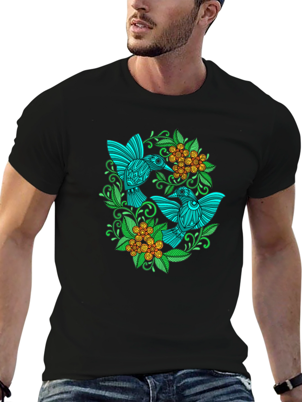 Hummingbird Floral T-Shirt - Black