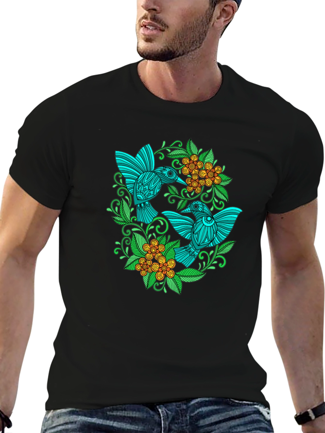 Hummingbird Floral T-Shirt - Black