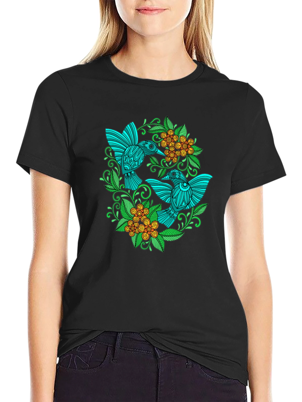 Hummingbird Floral T-Shirt - Black