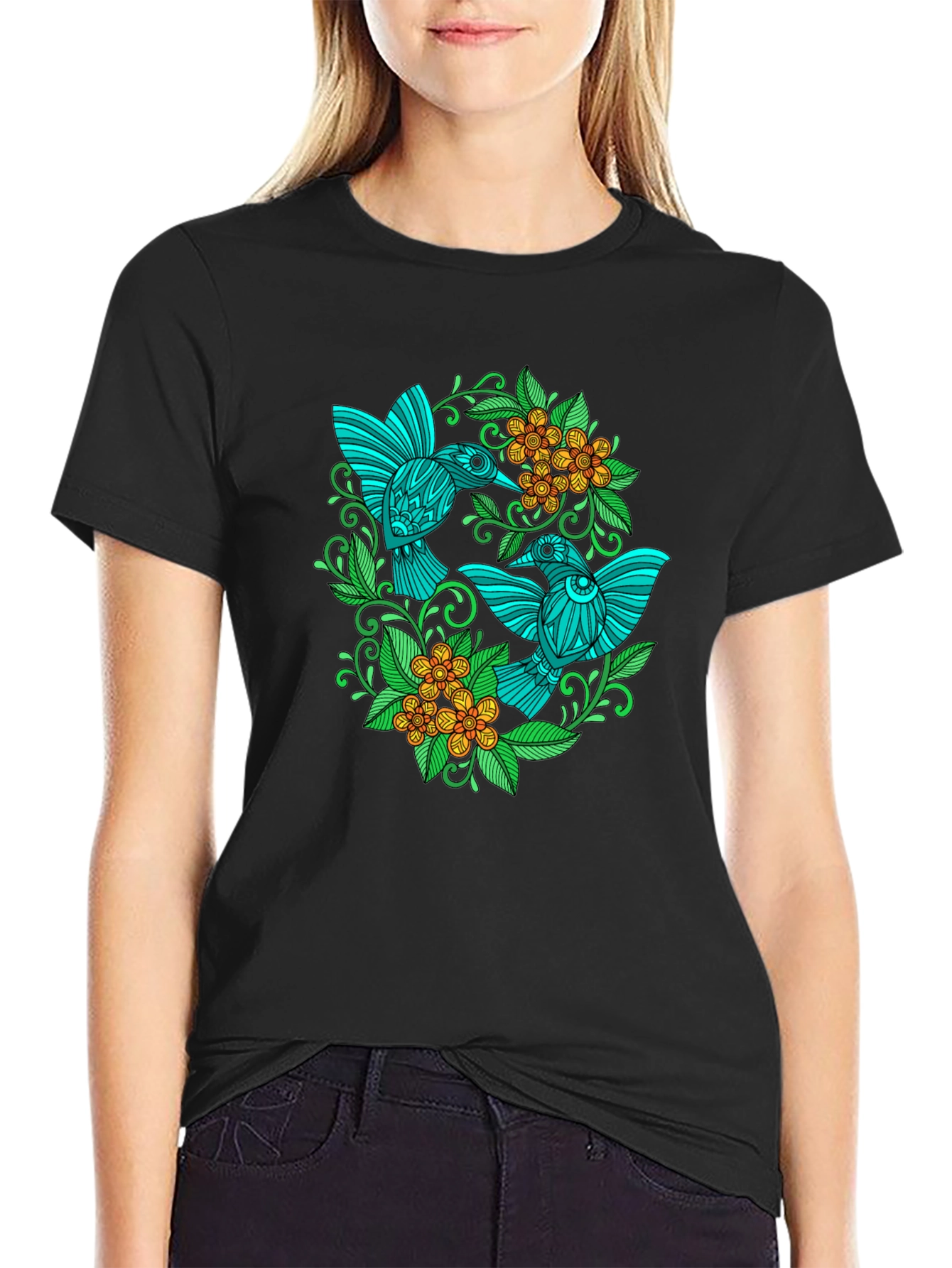 Hummingbird Floral T-Shirt - Black