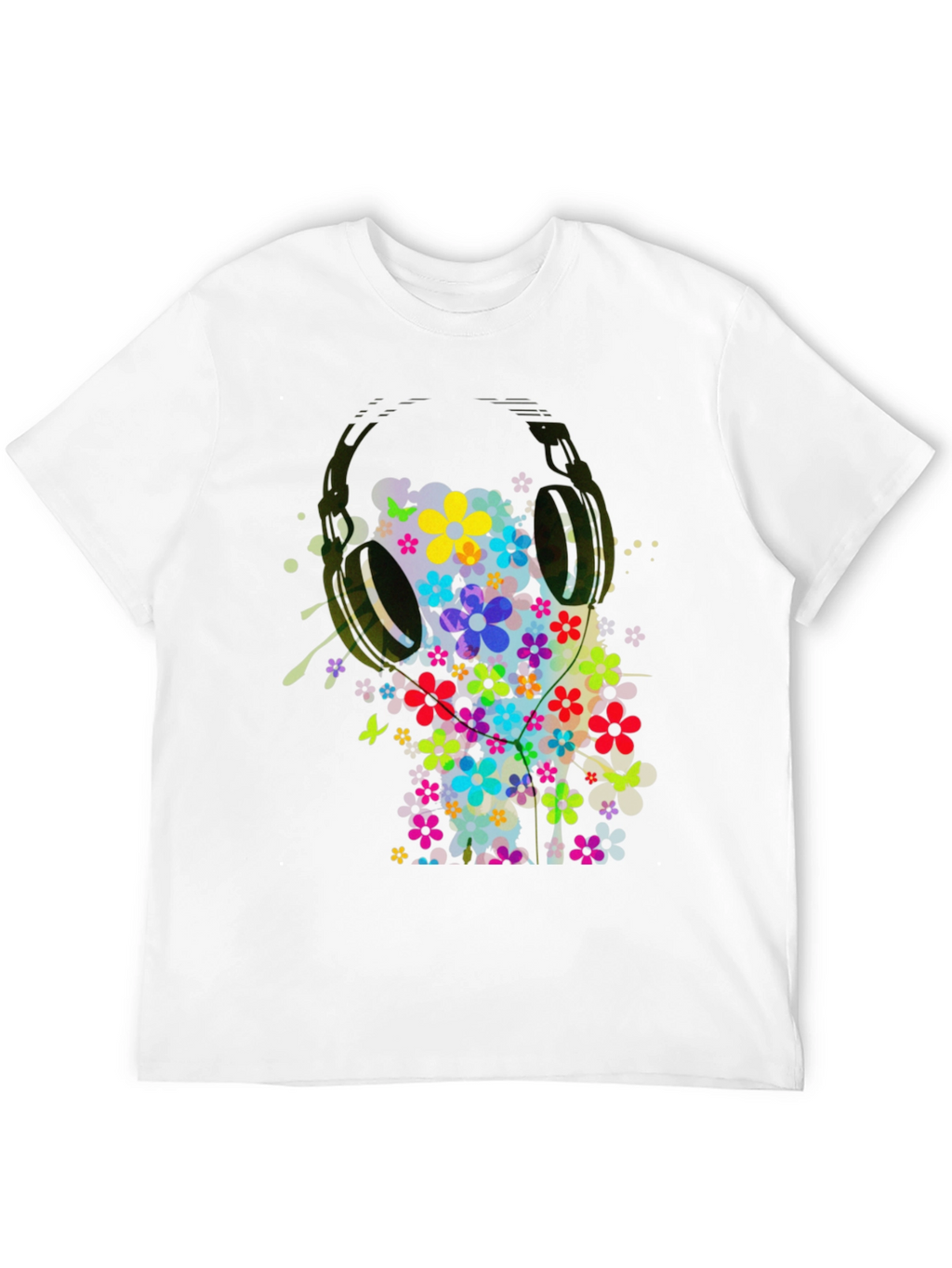 Floral Headphones Mens Graphic Tee - Black