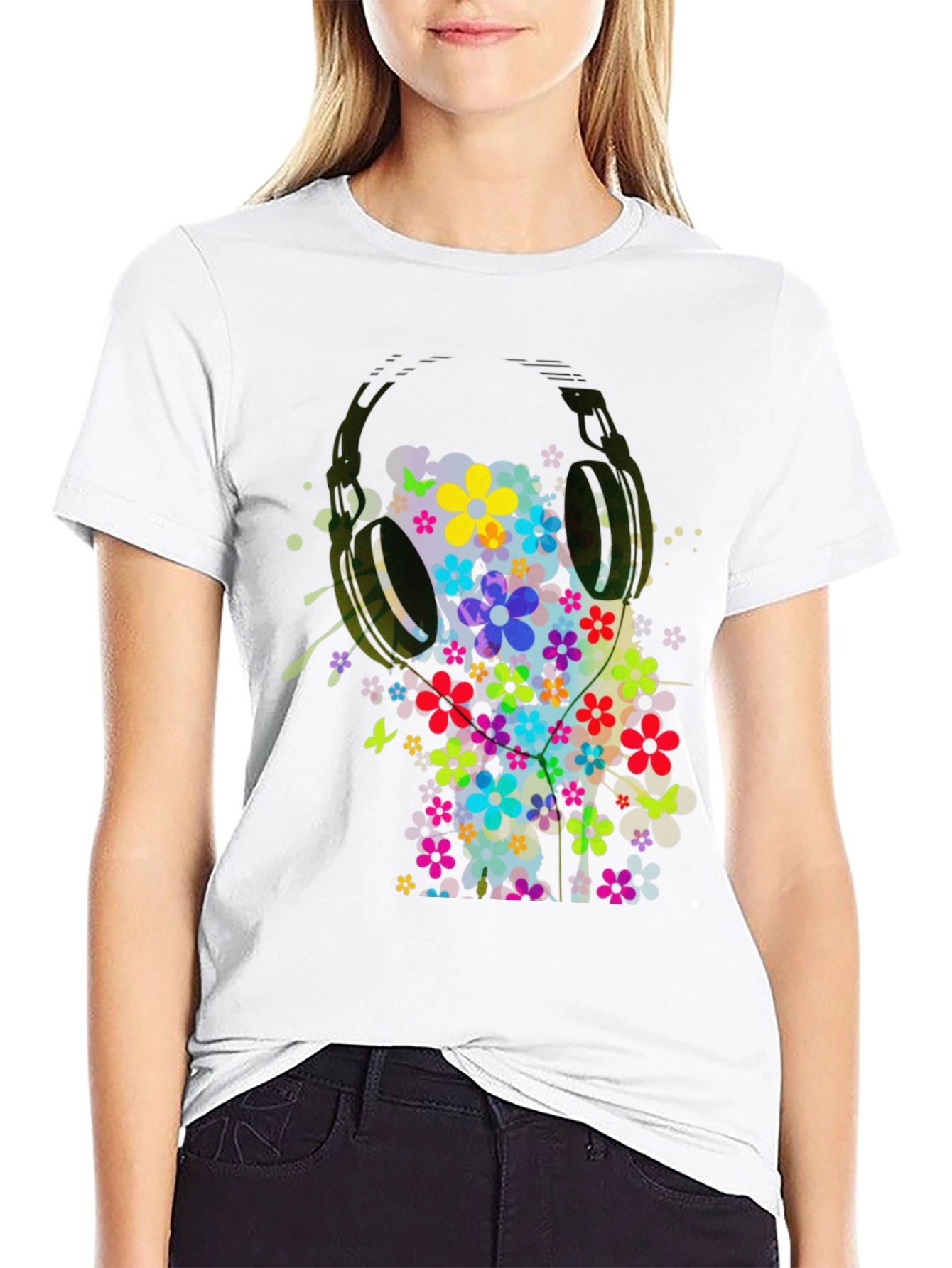 Floral Headphones Mens Graphic Tee - Black