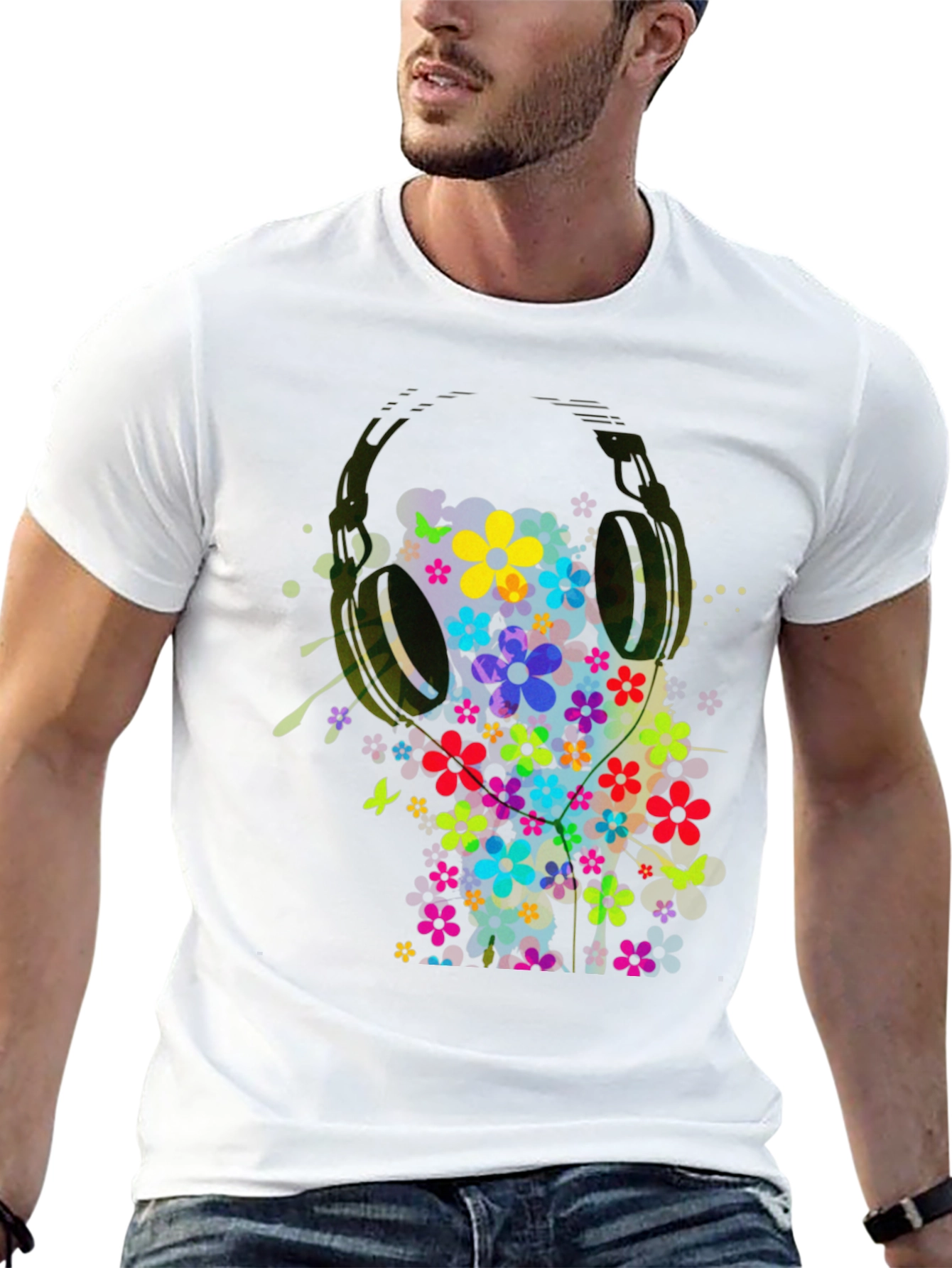 Floral Headphones Mens Graphic Tee - Black