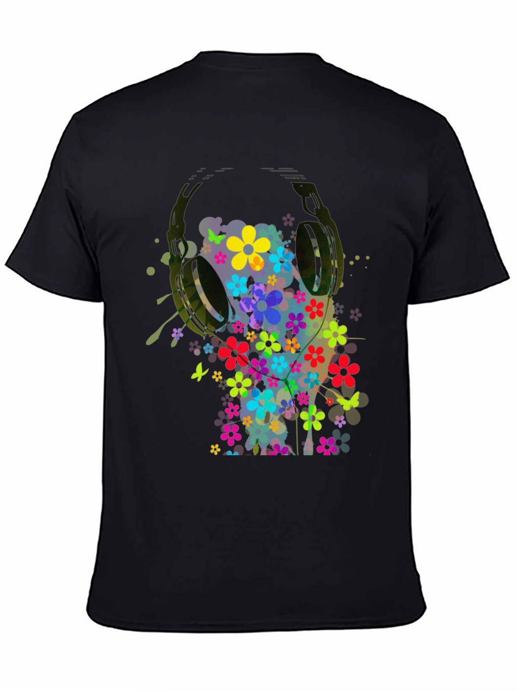Floral Headphones Mens Graphic Tee - Black