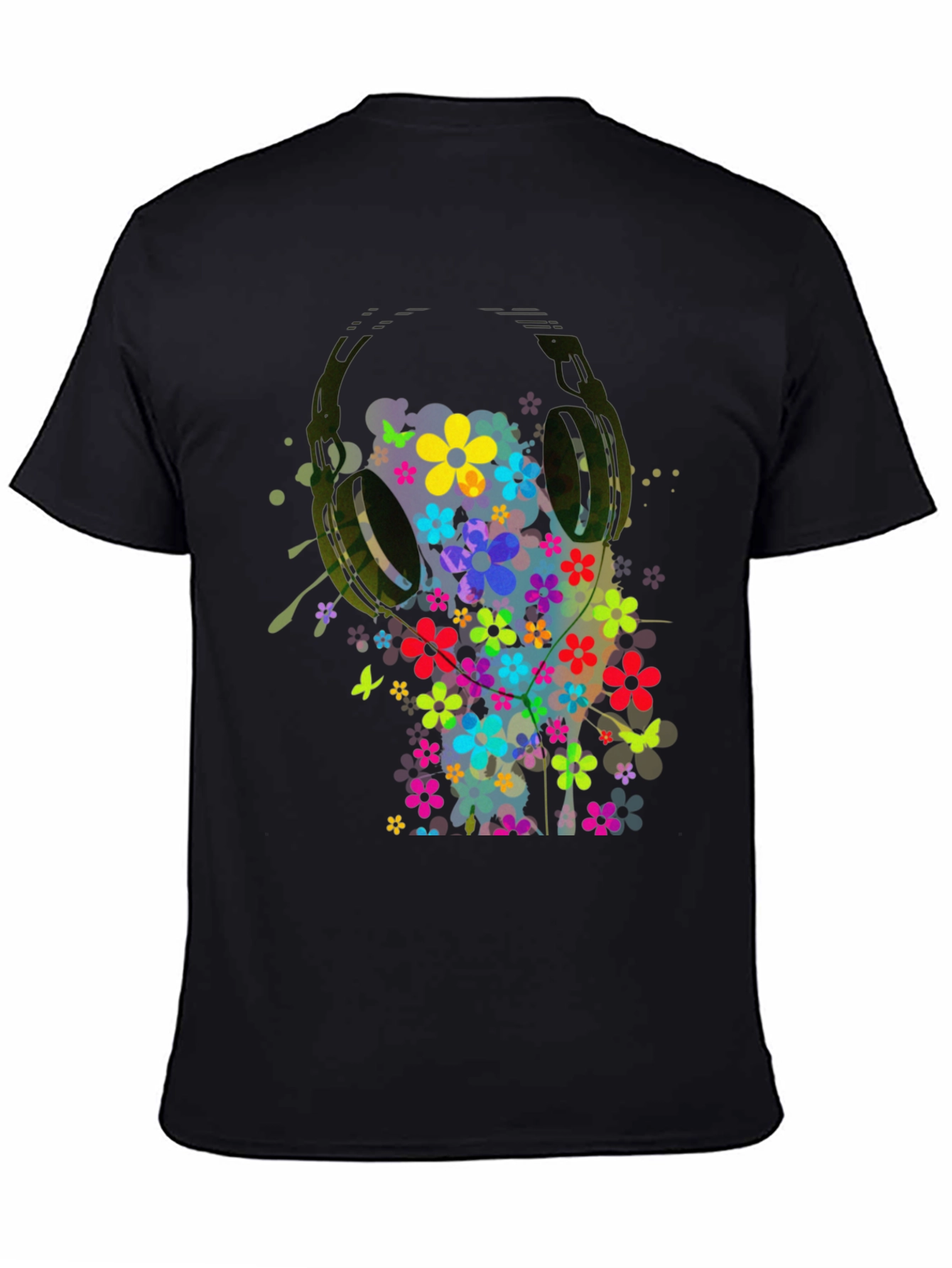 Floral Headphones Mens Graphic Tee - Black