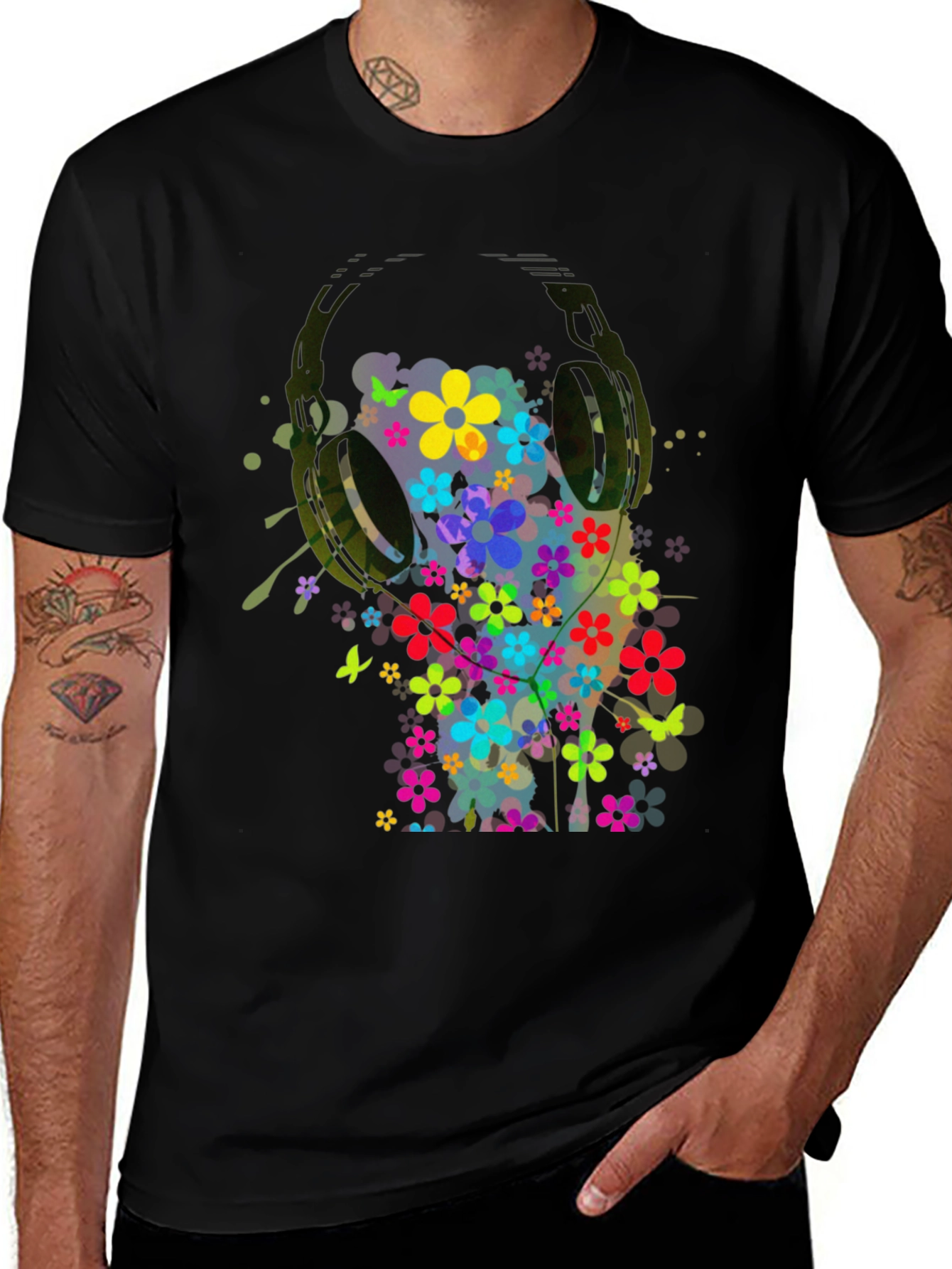 Floral Headphones Mens Graphic Tee - Black
