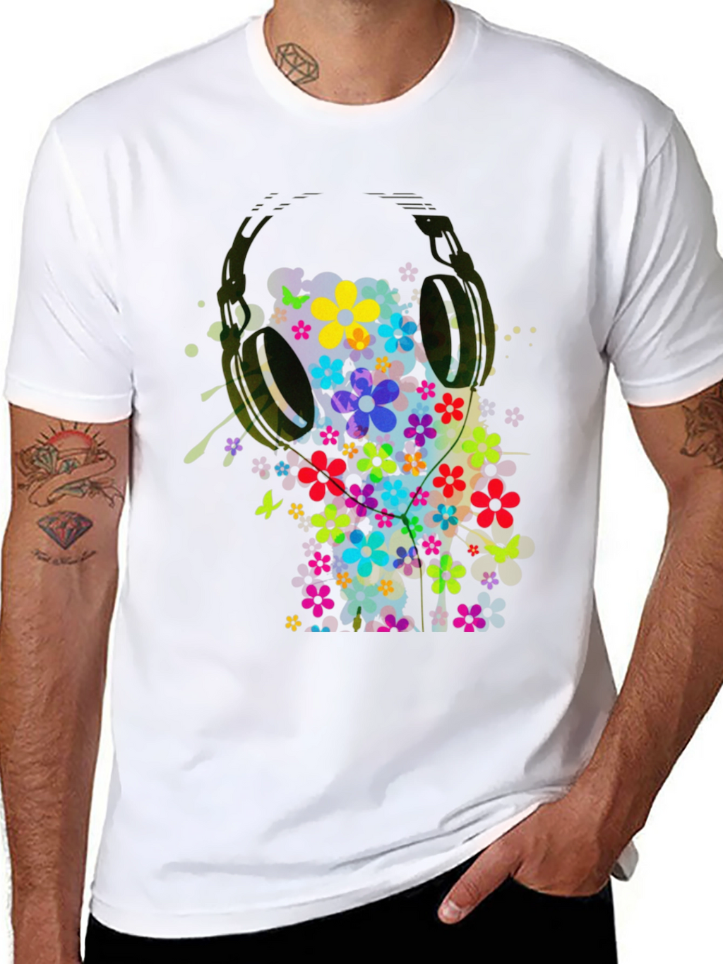 Floral Headphones Mens Graphic Tee - Black