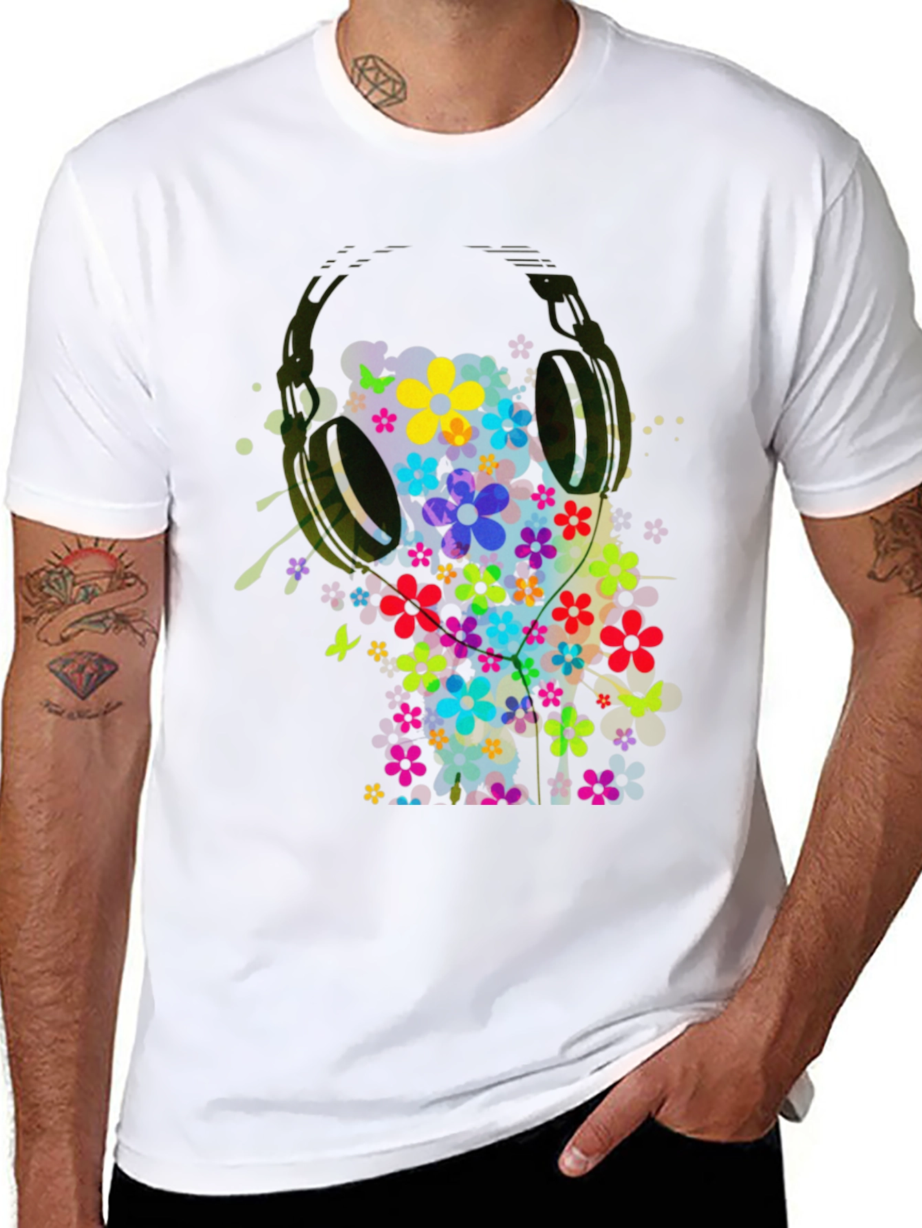 Floral Headphones Mens Graphic Tee - Black