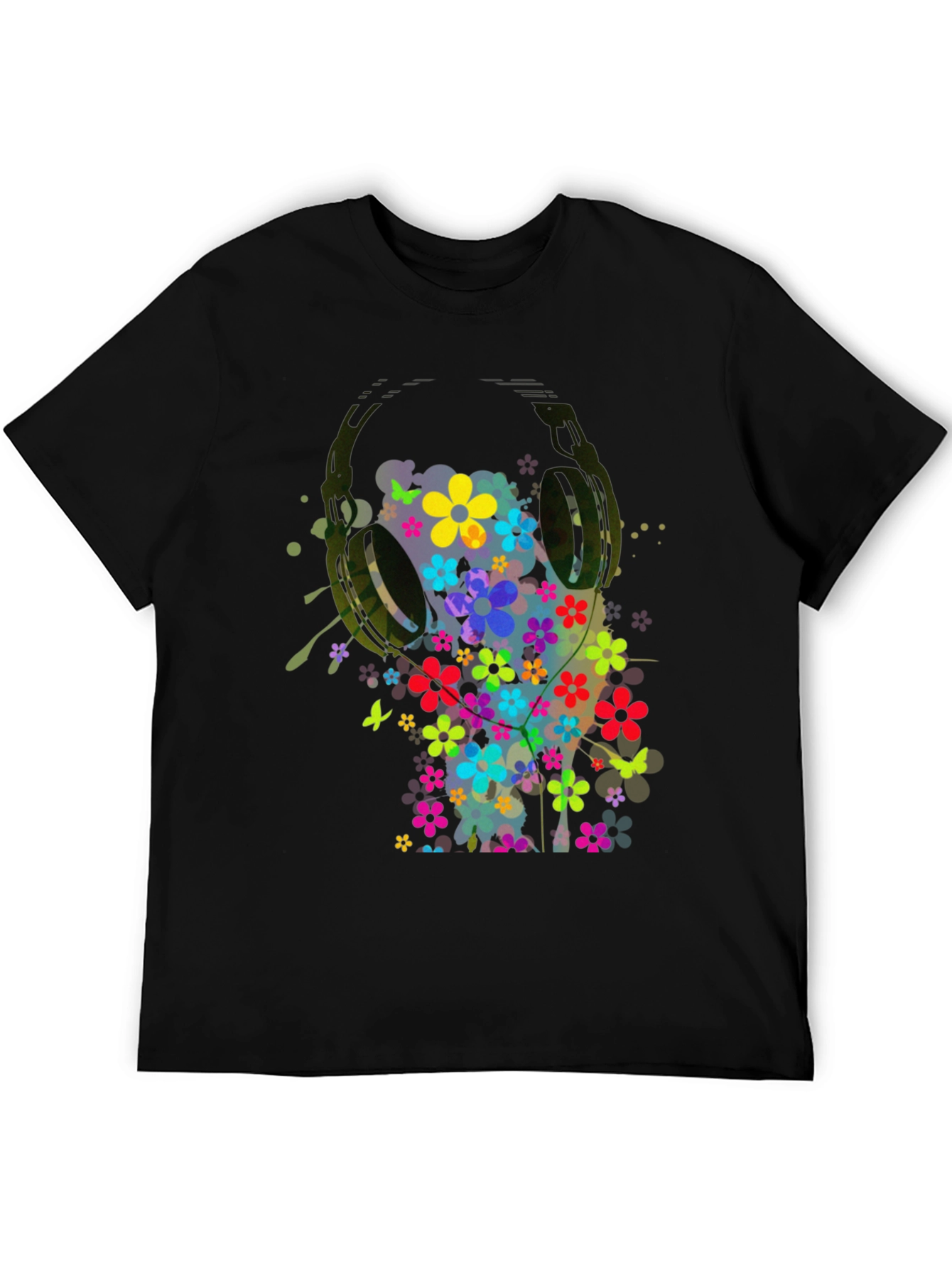 Floral Headphones Mens Graphic Tee - Black