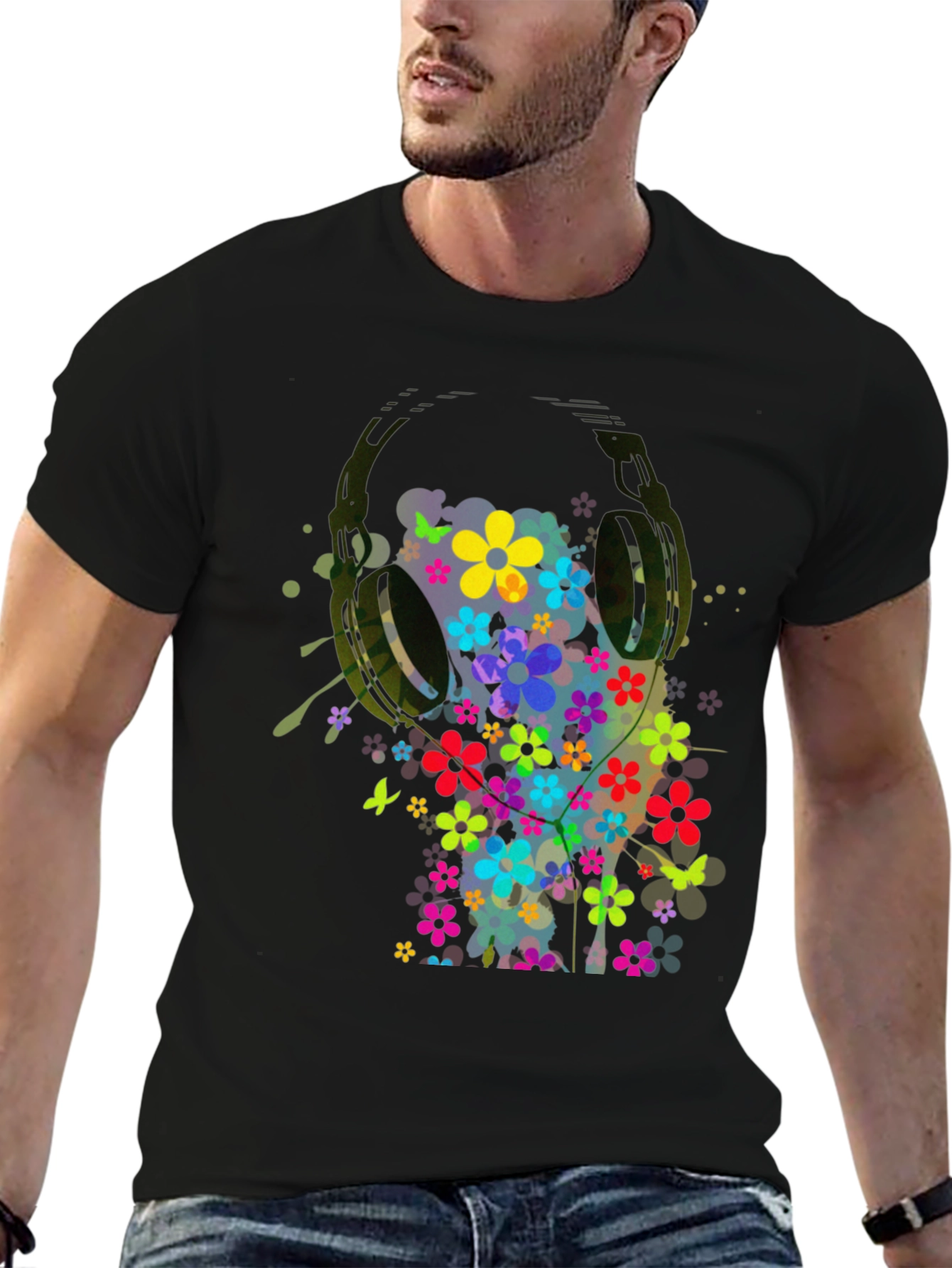 Floral Headphones Mens Graphic Tee - Black