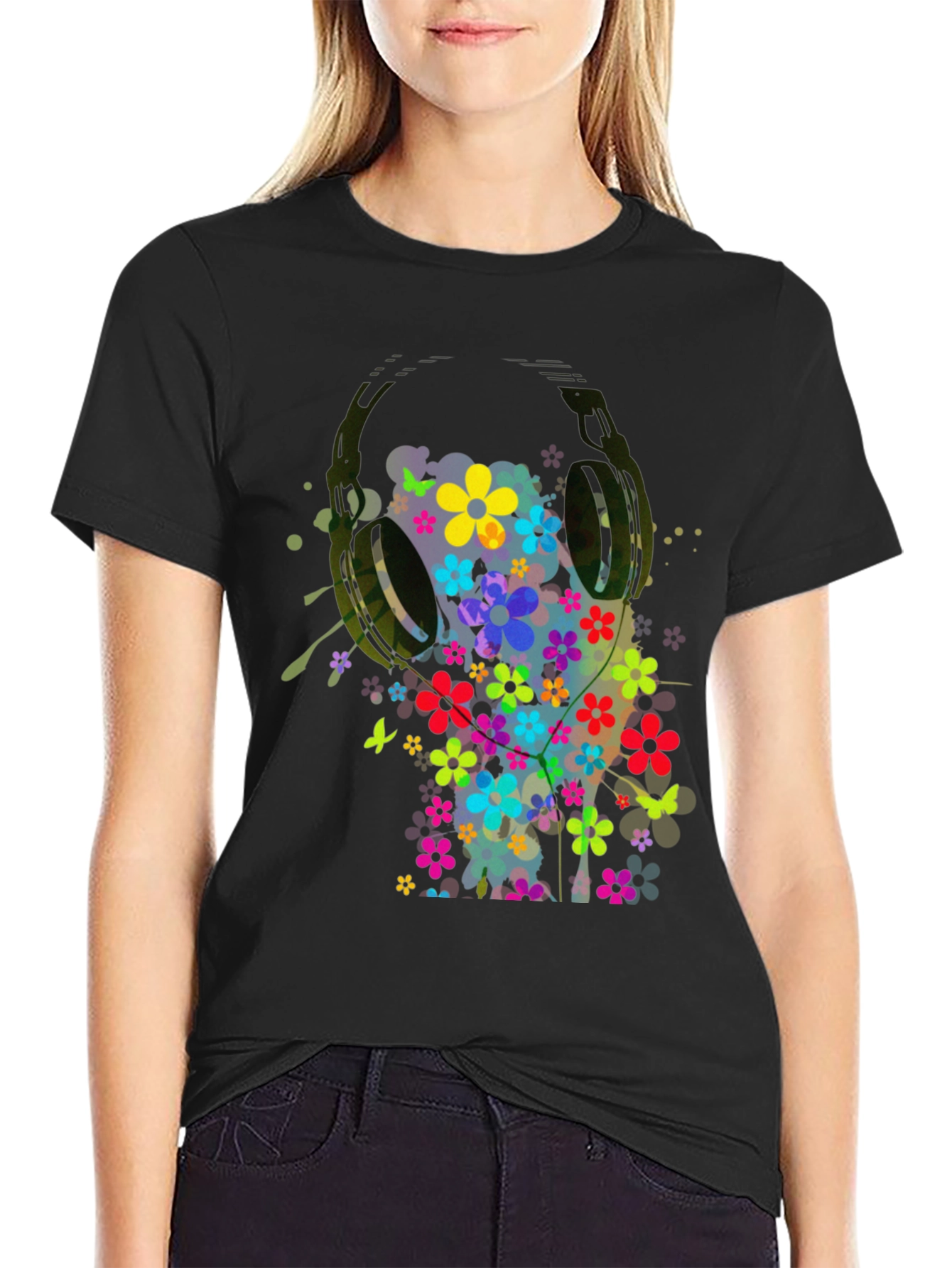 Floral Headphones Mens Graphic Tee - Black