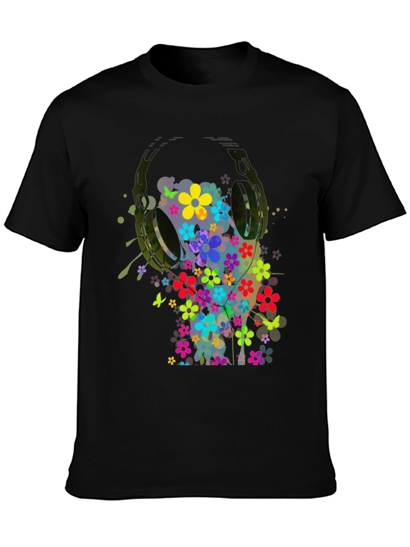 Floral Headphones Mens Graphic Tee - Black