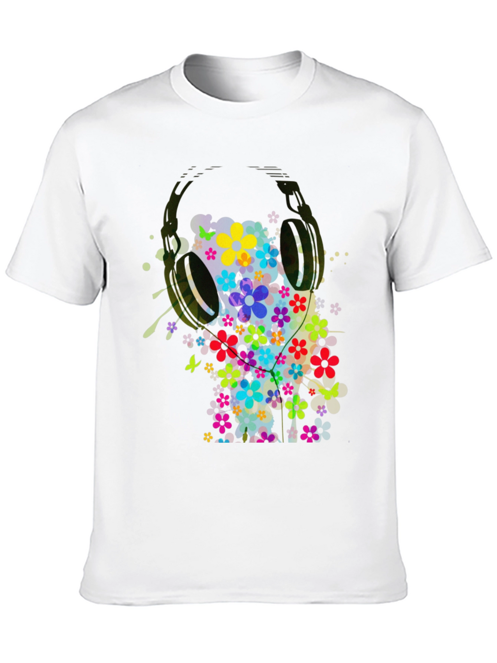 Floral Headphones Mens Graphic Tee - Black
