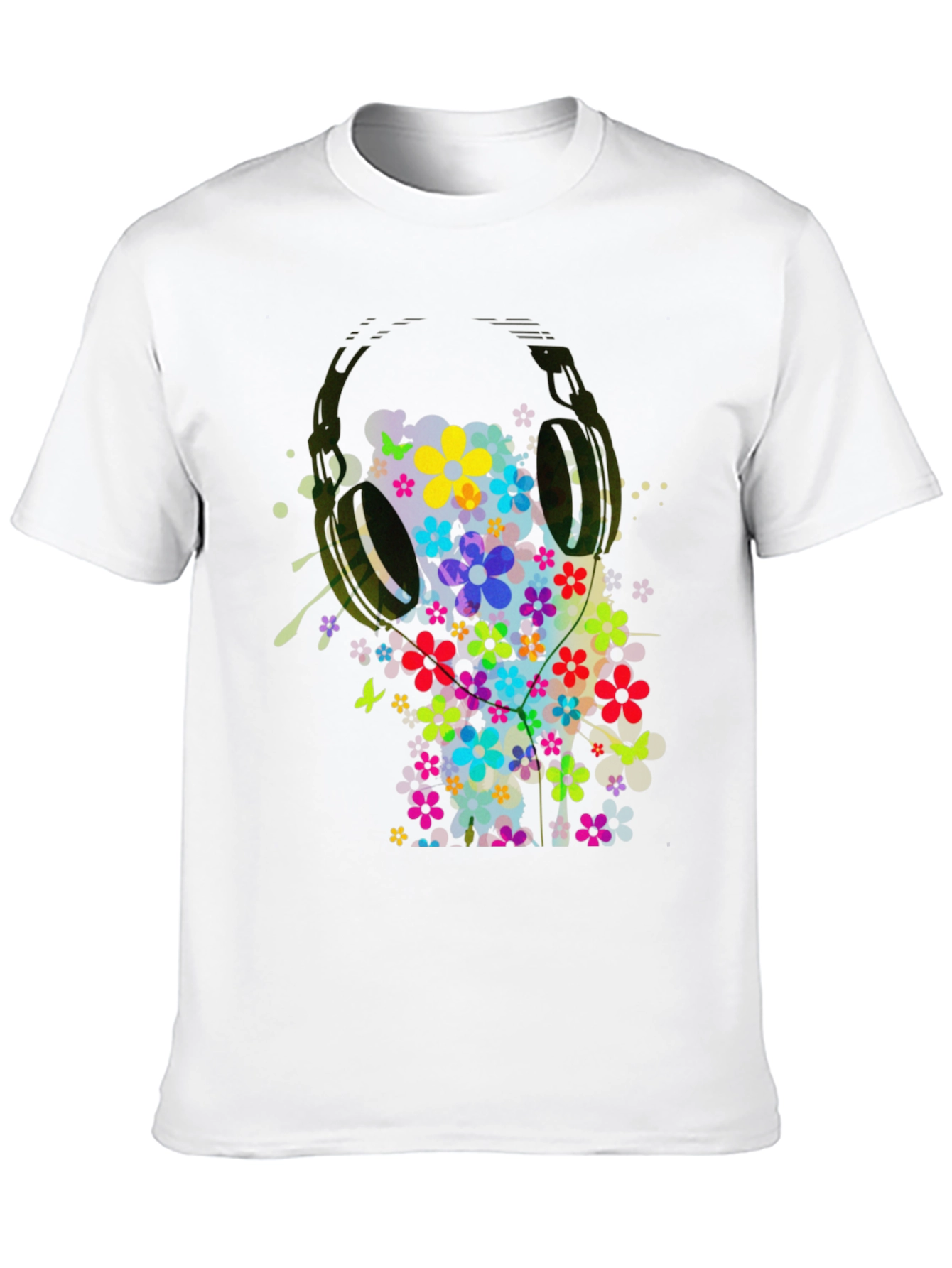 Floral Headphones Mens Graphic Tee - Black