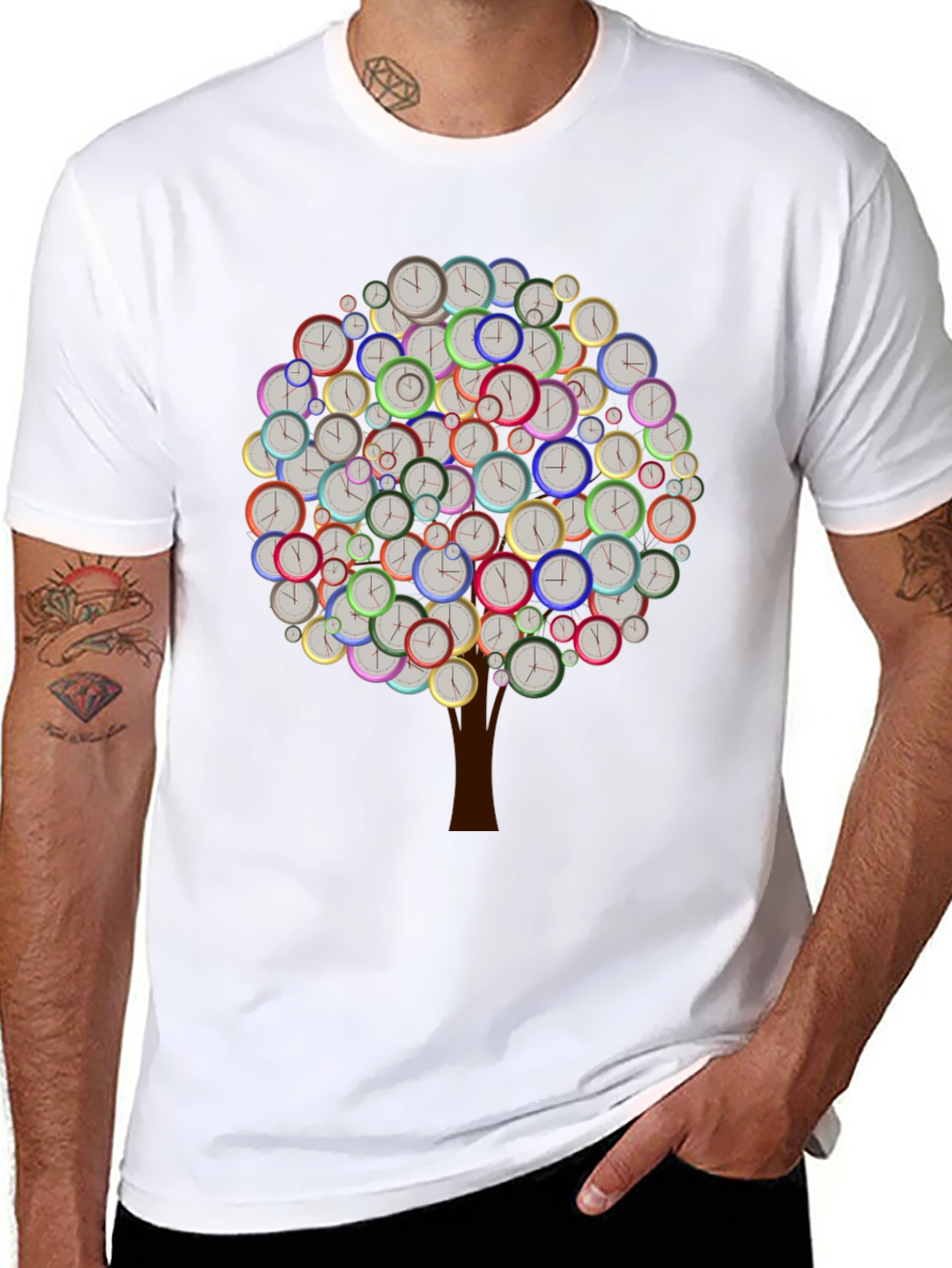Time Tree Black Graphic Tee - Unique Clock Design