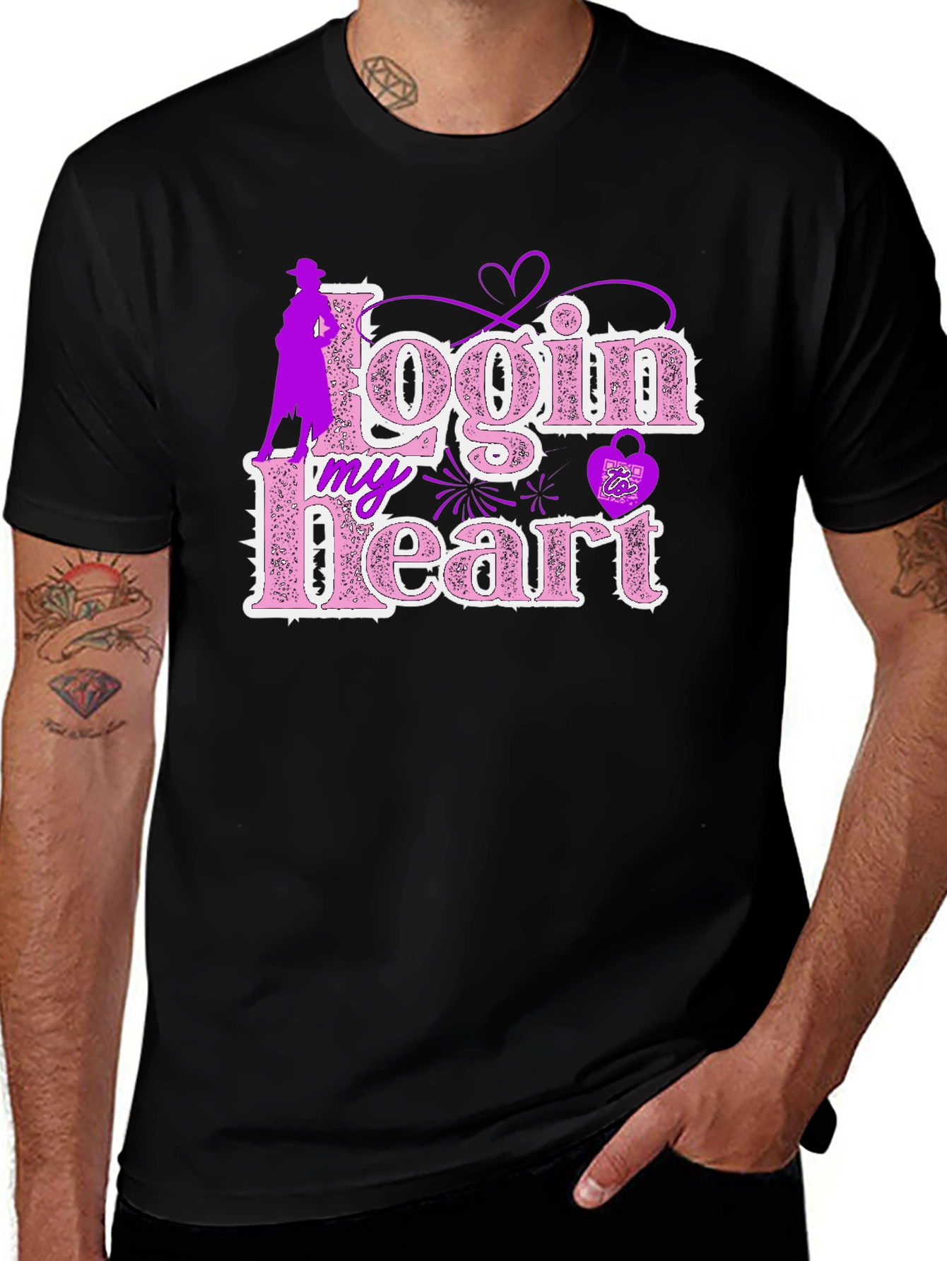 Login My Heart Black Cotton Graphic Tee