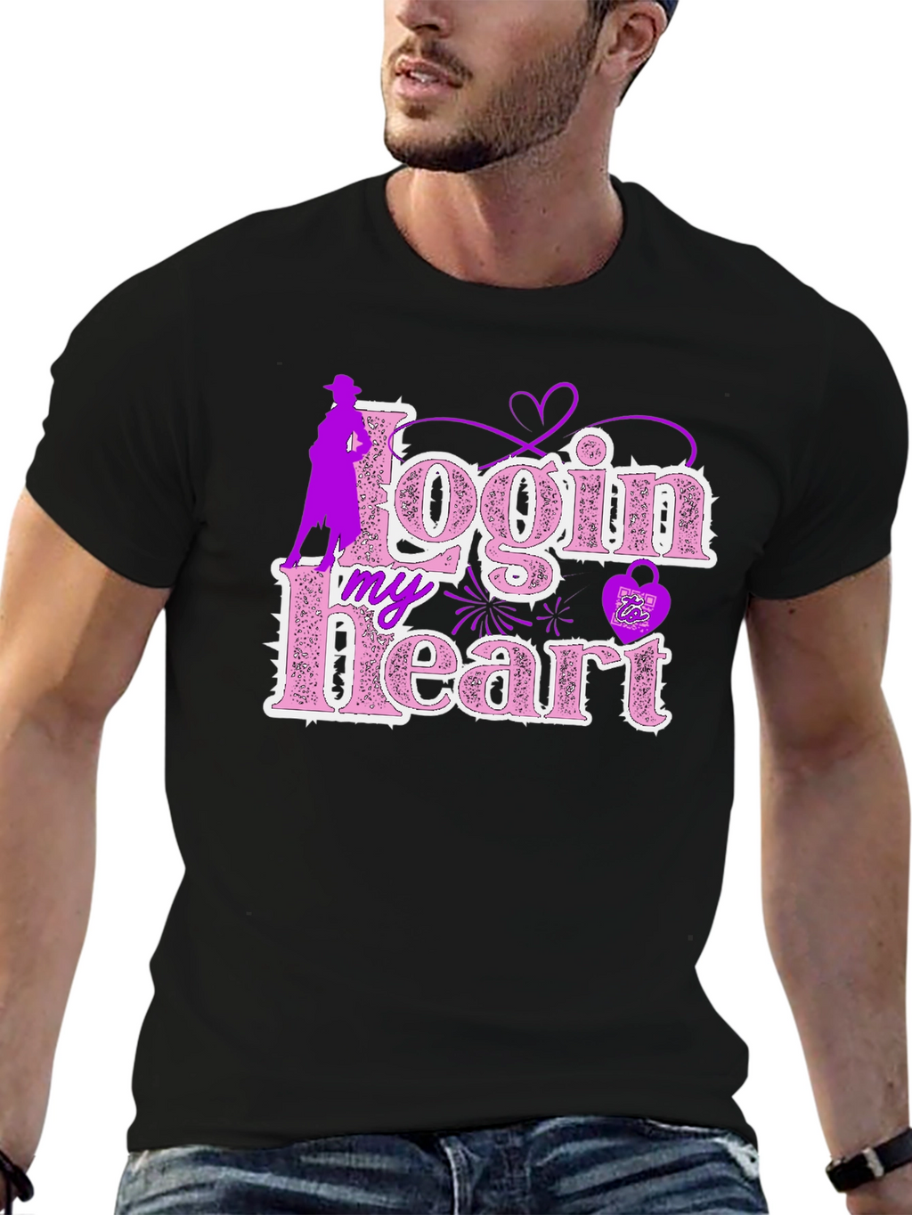 Login My Heart Black Cotton Graphic Tee