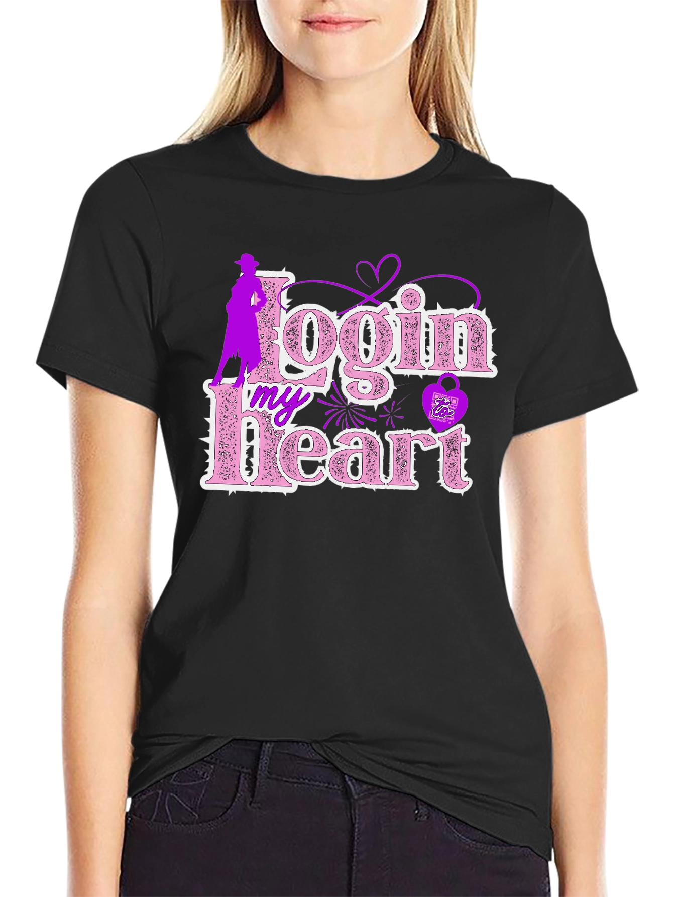 Login My Heart Black Cotton Graphic Tee