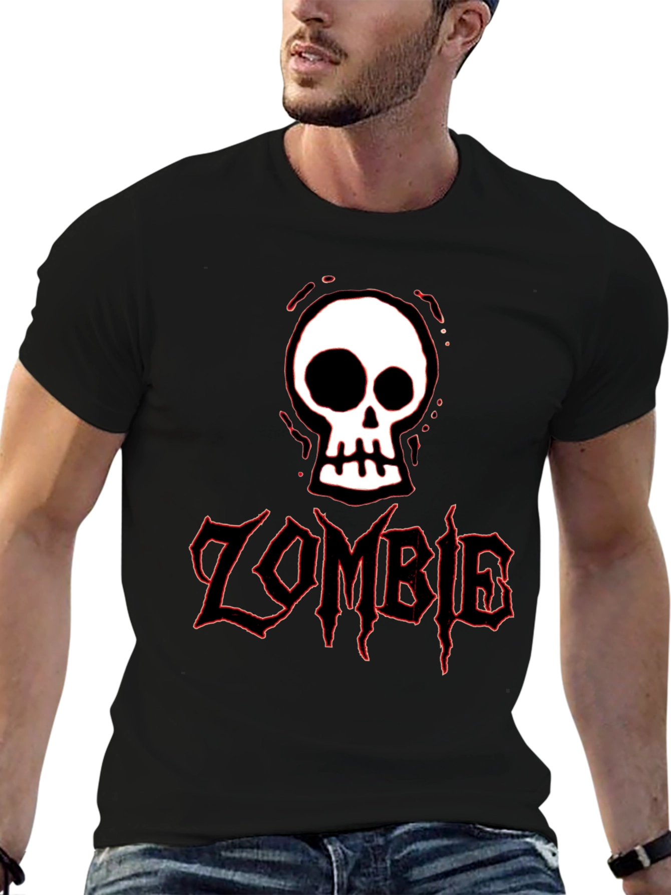 Zombie Skull Graphic Tee - Black Cotton T-Shirt for Men
