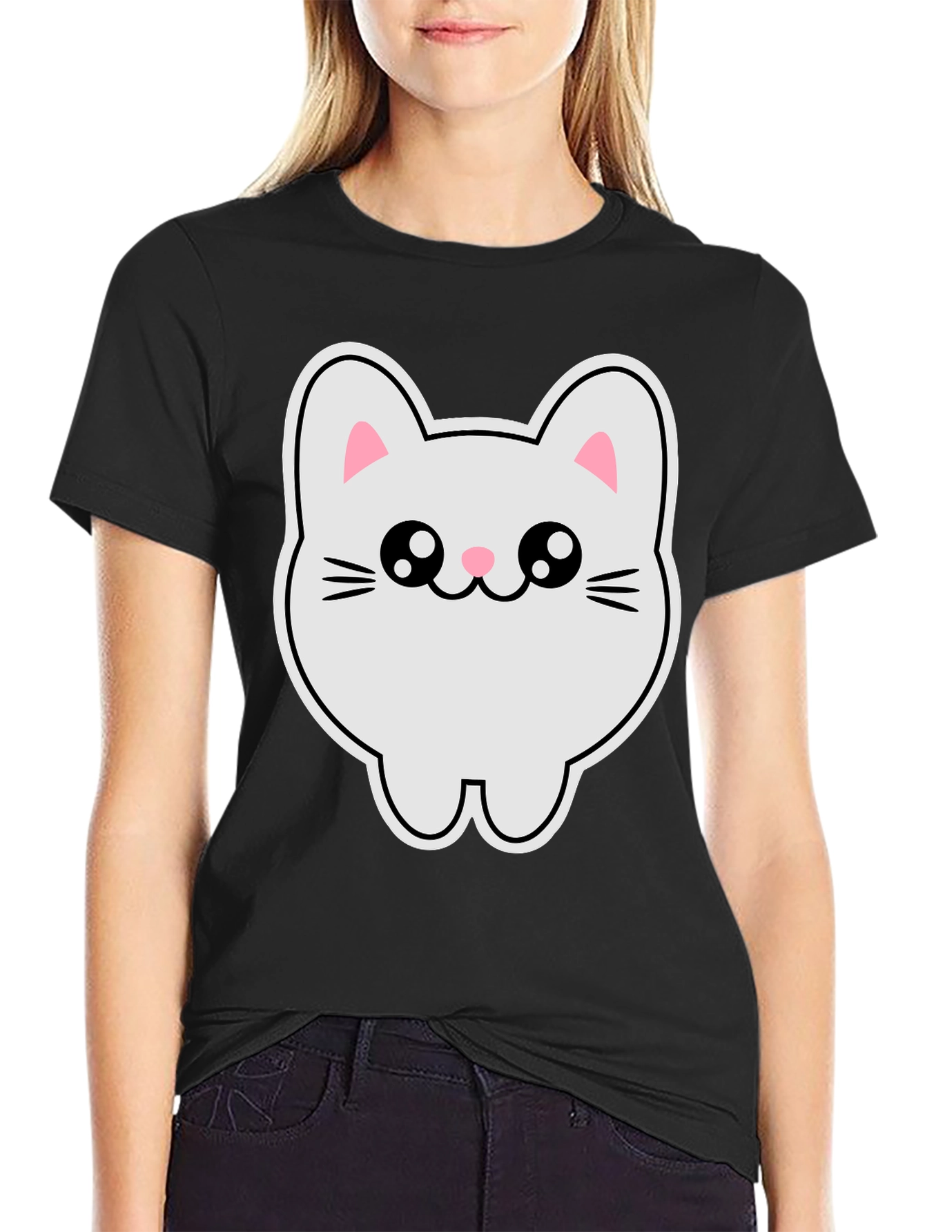 Cute Kawaii Cat T-Shirt - Black Cotton Tee