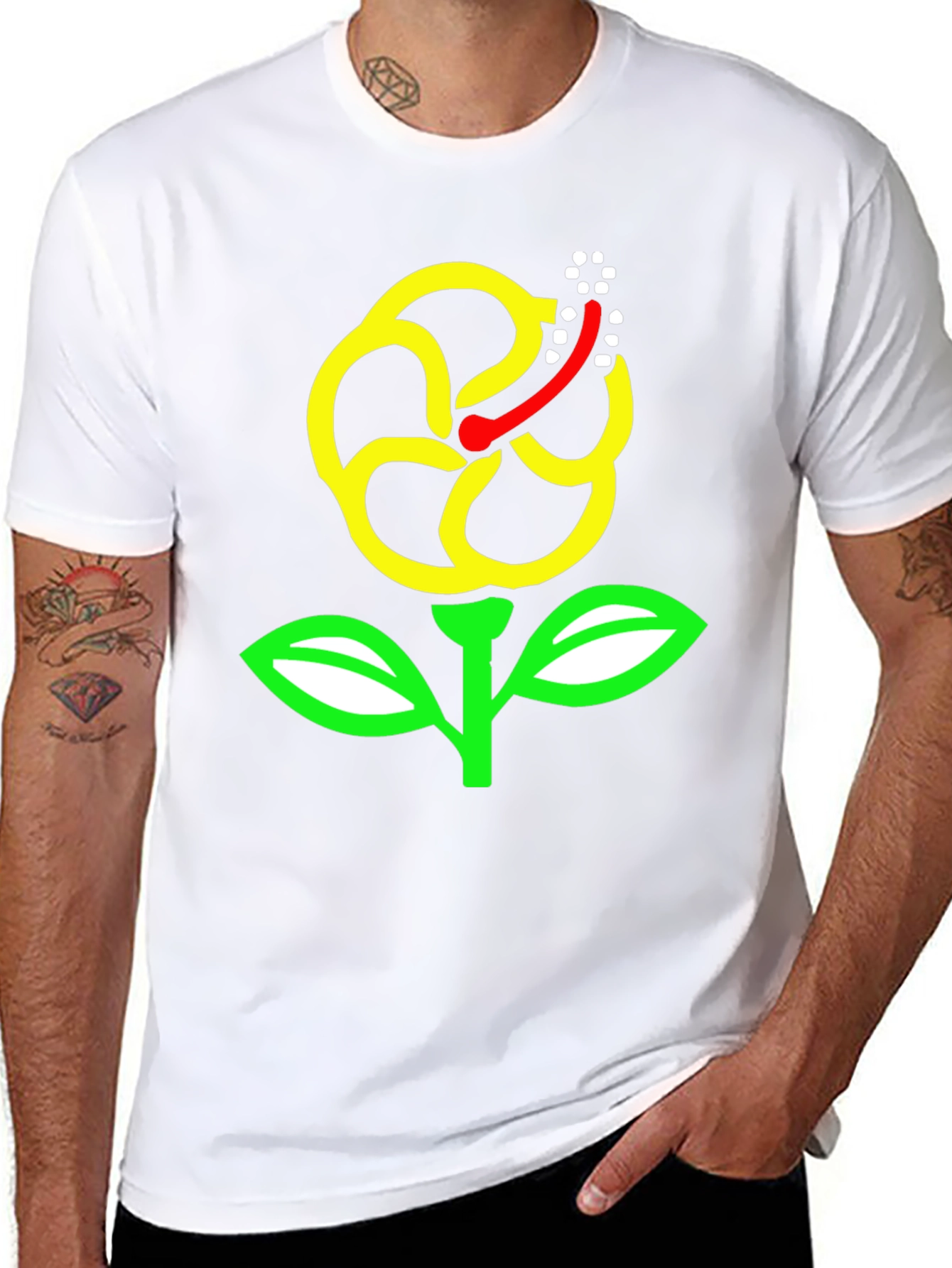 Black T-Shirt with Yellow Hibiscus Flower Graphic