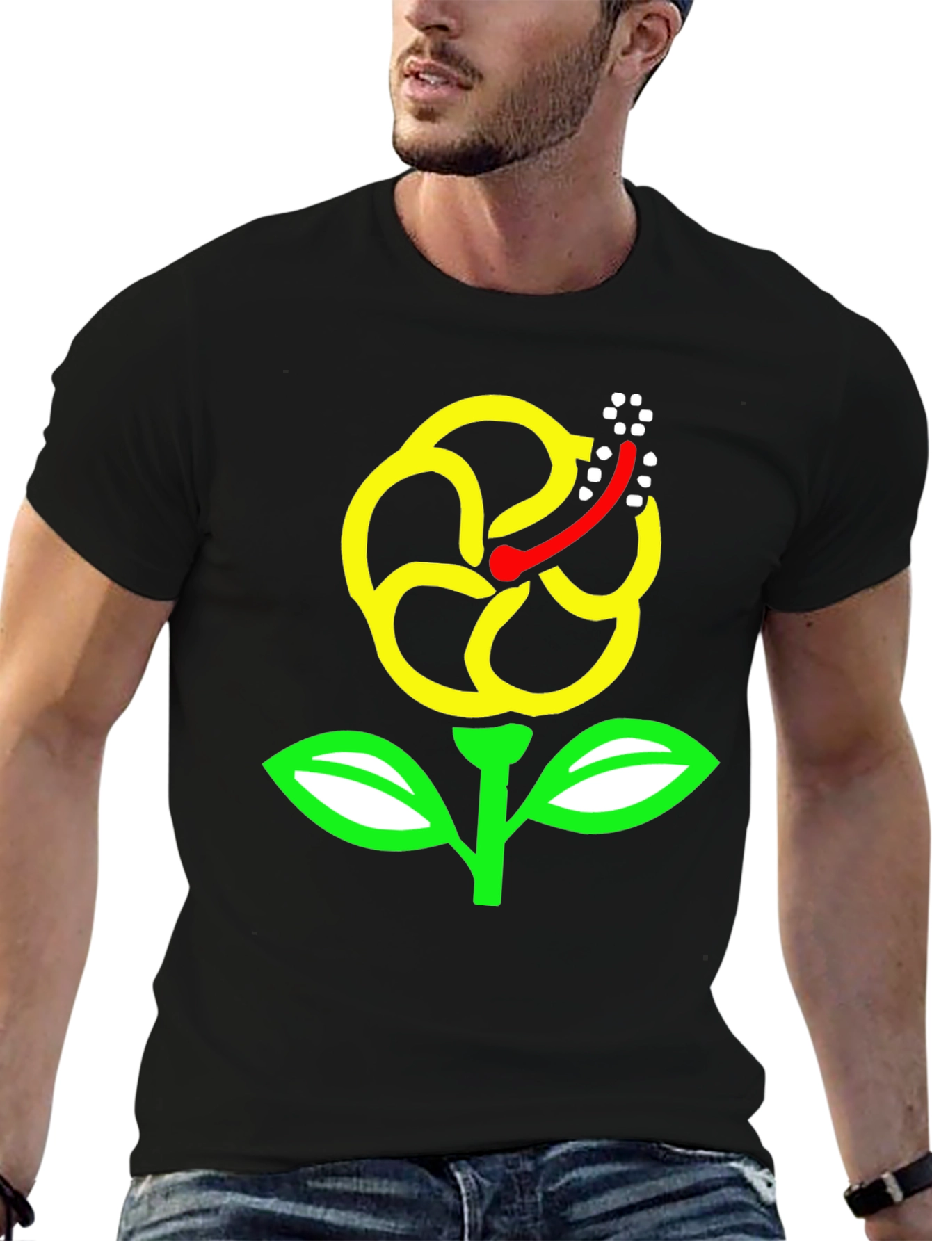 Black T-Shirt with Yellow Hibiscus Flower Graphic