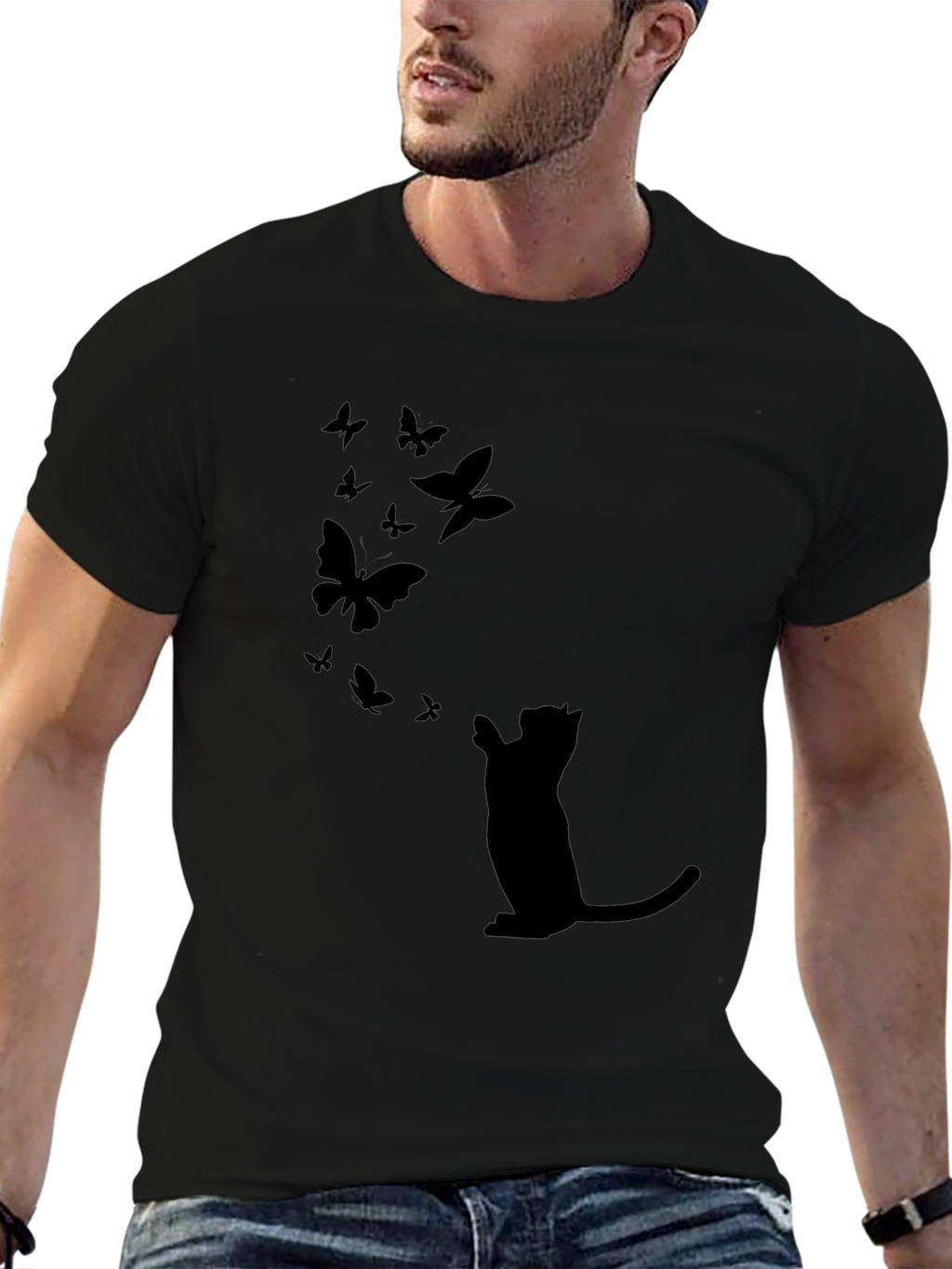 Cat & Butterfly Graphic Black Tee