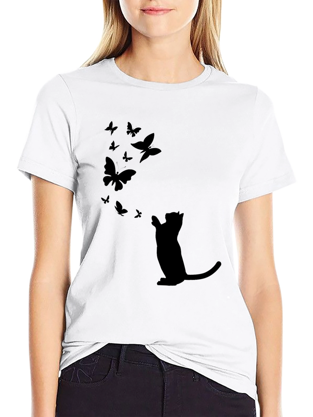 Cat & Butterfly Graphic Black Tee