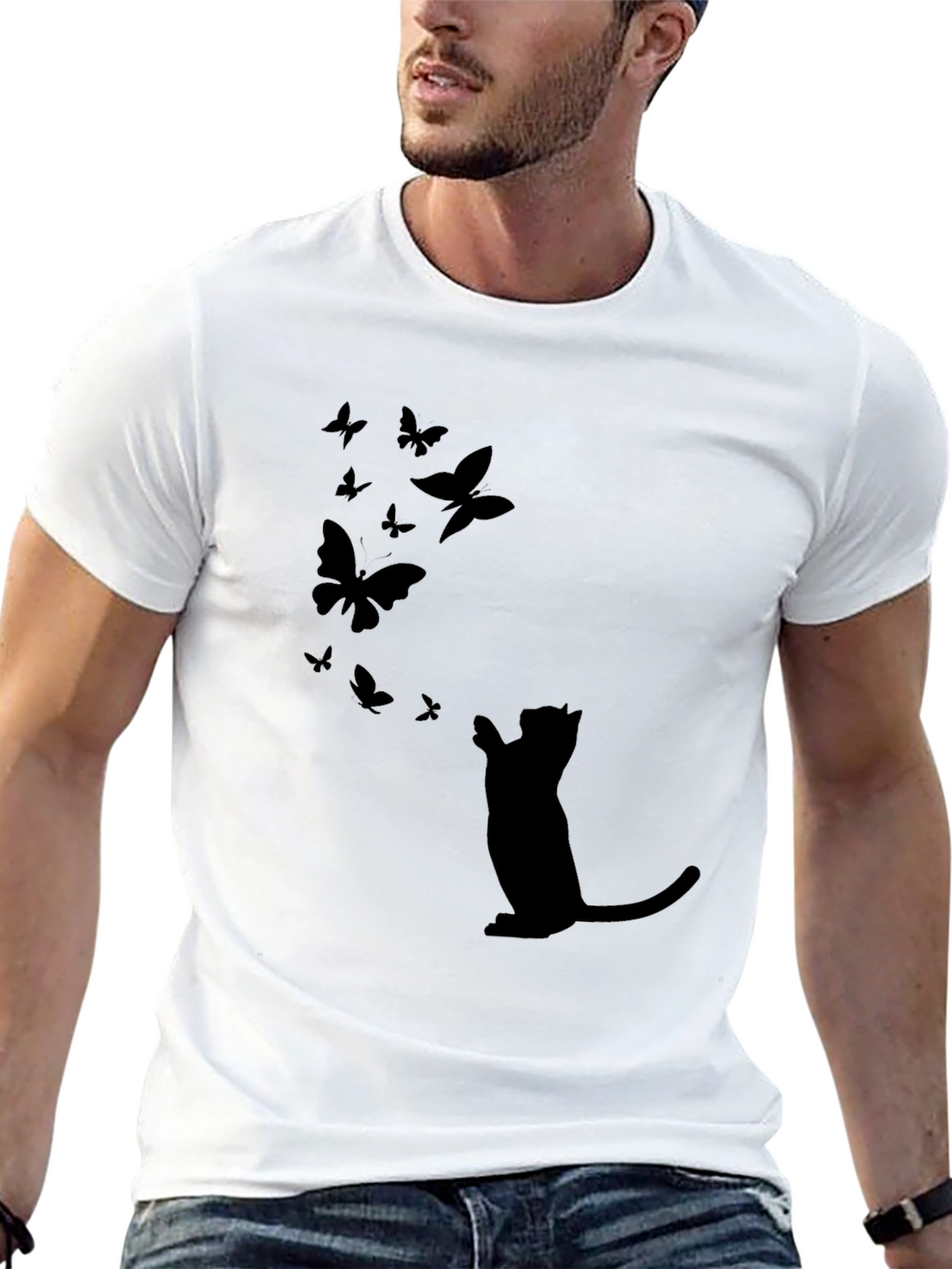Cat & Butterfly Graphic Black Tee