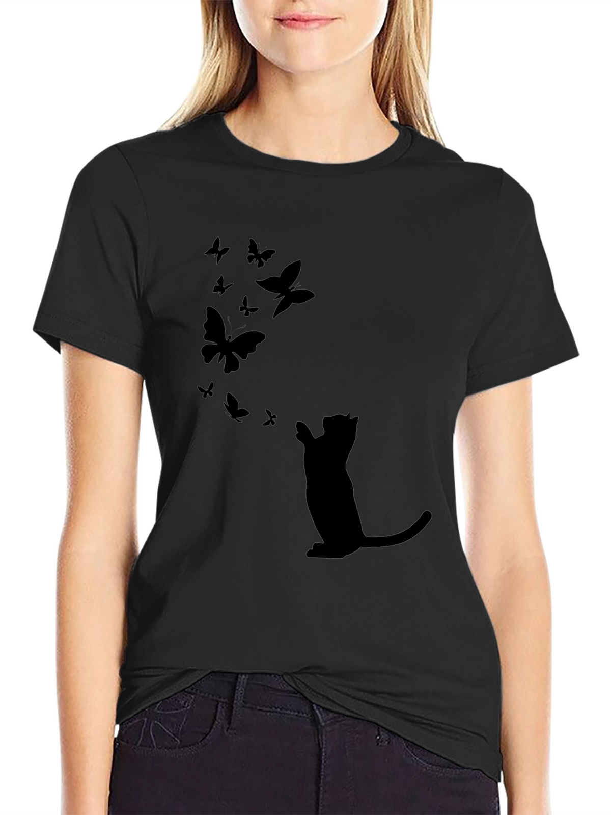 Cat & Butterfly Graphic Black Tee
