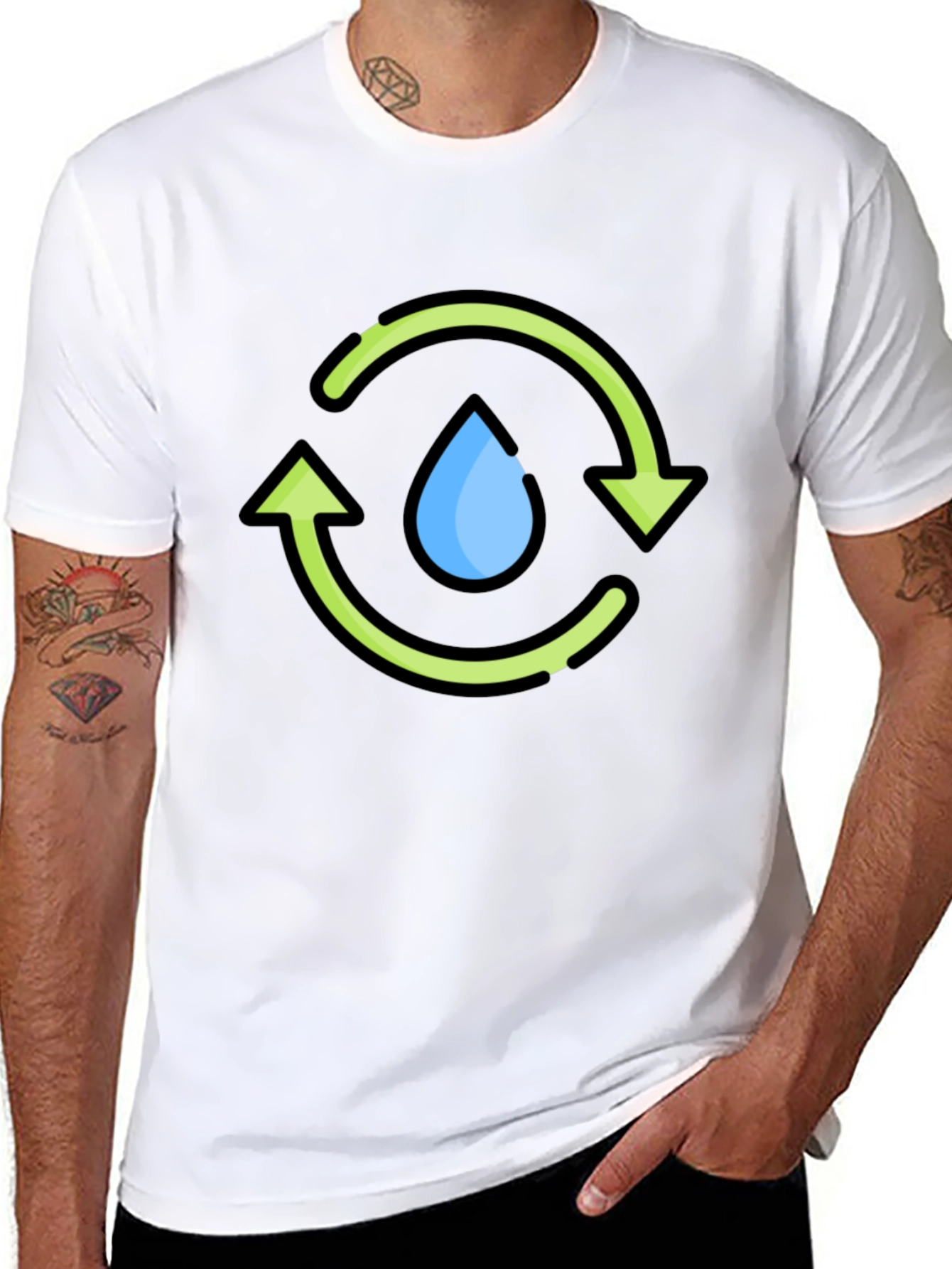 Recycle Water Drop Graphic Tee - Black Cotton T-Shirt