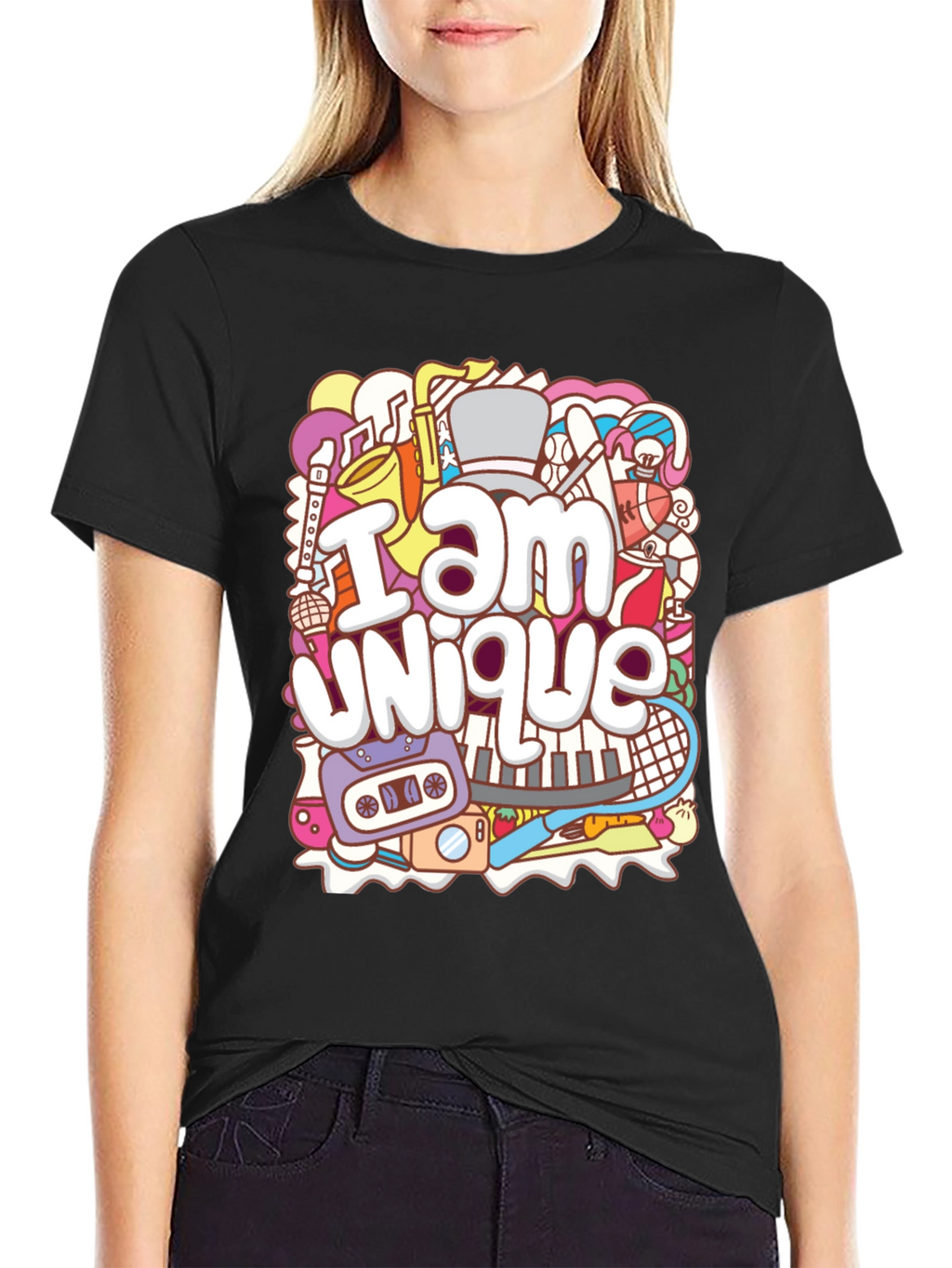 Unique Doodle Graphic T-Shirt - Black Crew Neck