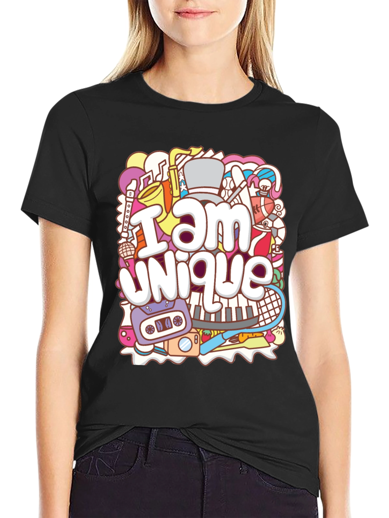 Unique Doodle Graphic T-Shirt - Black Crew Neck
