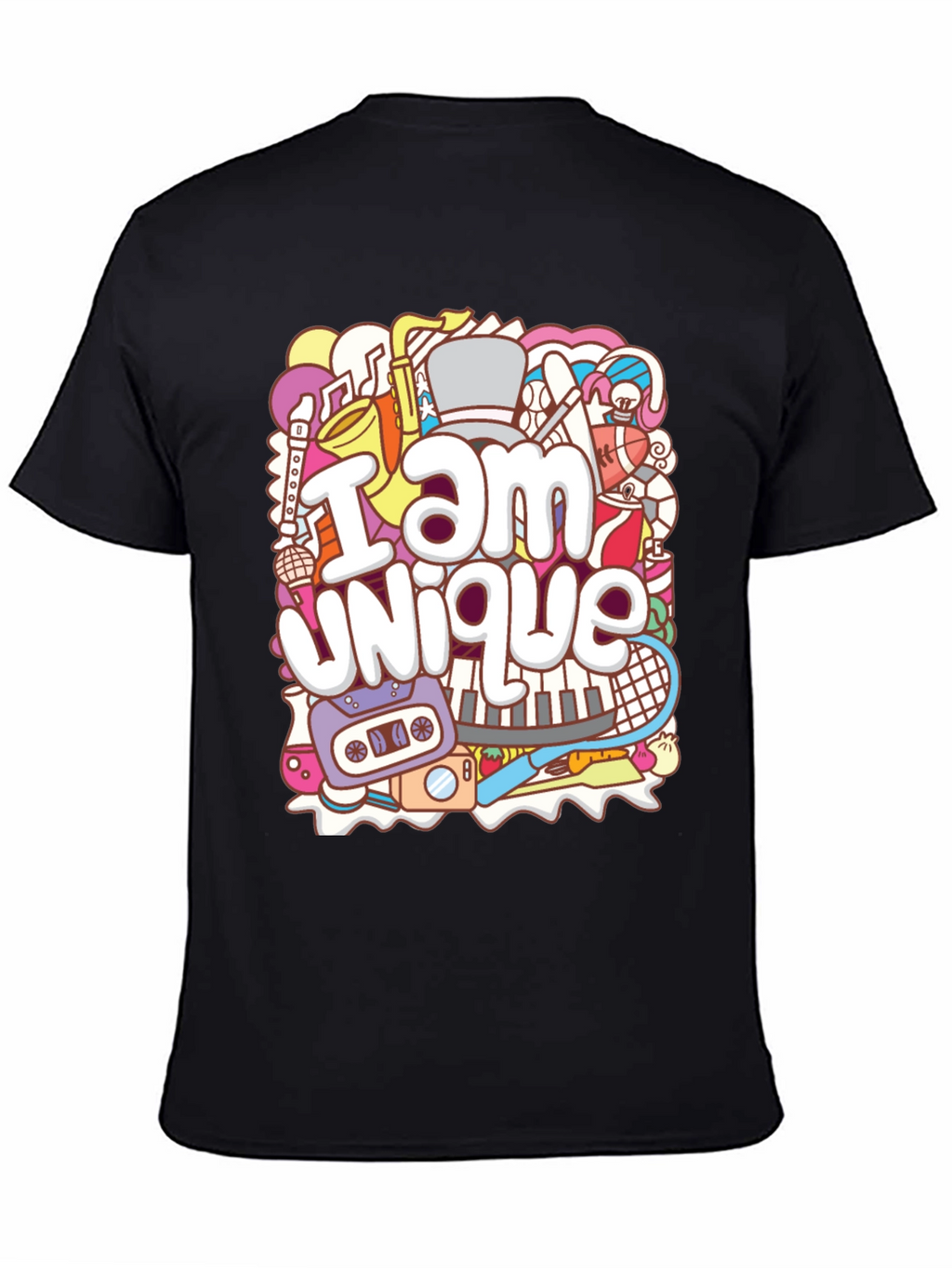 Unique Doodle Graphic T-Shirt - Black Crew Neck