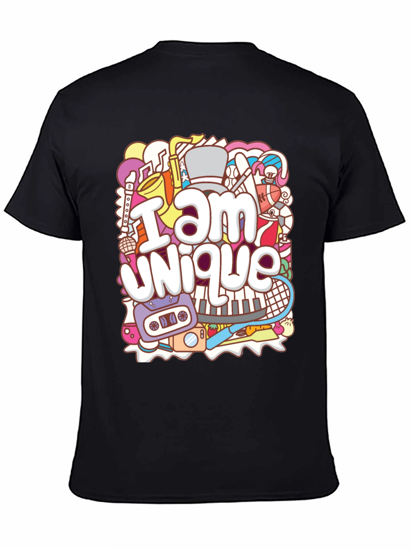 Unique Doodle Graphic T-Shirt - Black Crew Neck