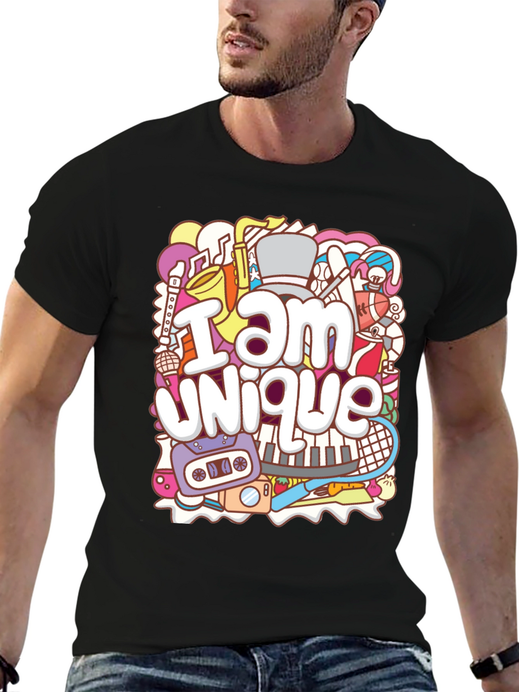 Unique Doodle Graphic T-Shirt - Black Crew Neck